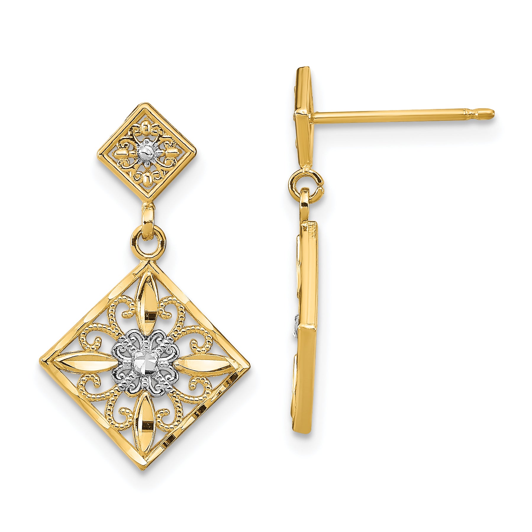 14K w/Rhodium D/C Square Filigree Dangle Earrings