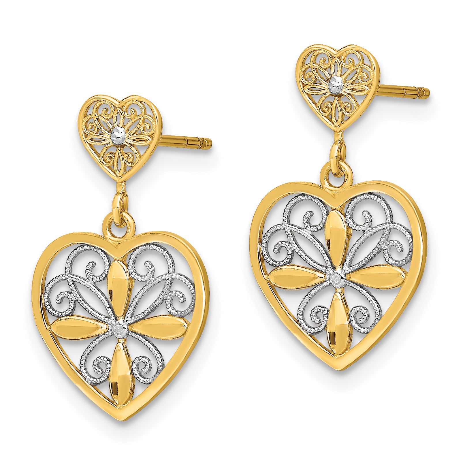 14k w/RH Flower and Heart Beaded Filigree Dangle Earrings Secondary image