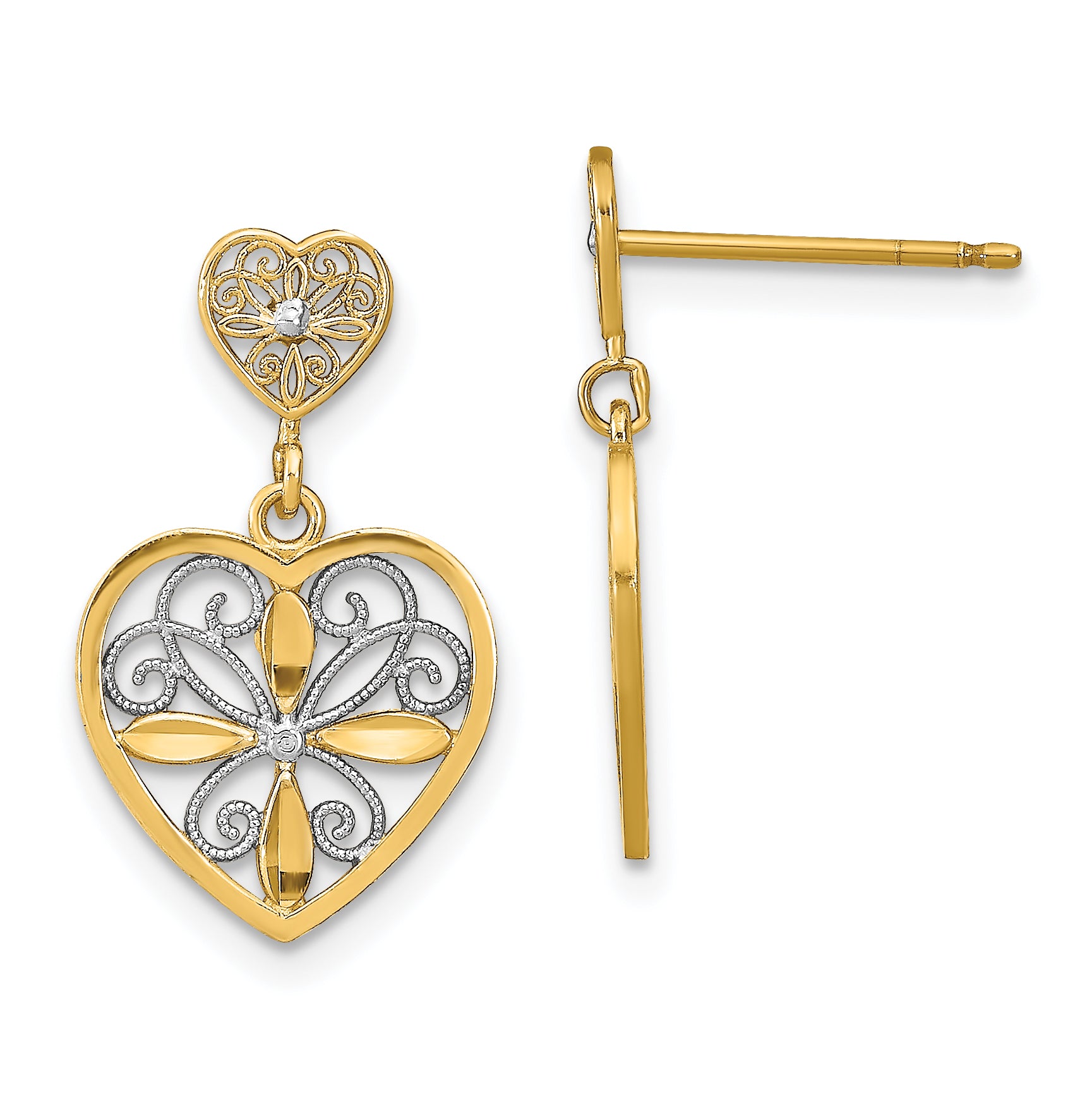 14k w/RH Flower and Heart Beaded Filigree Dangle Earrings
