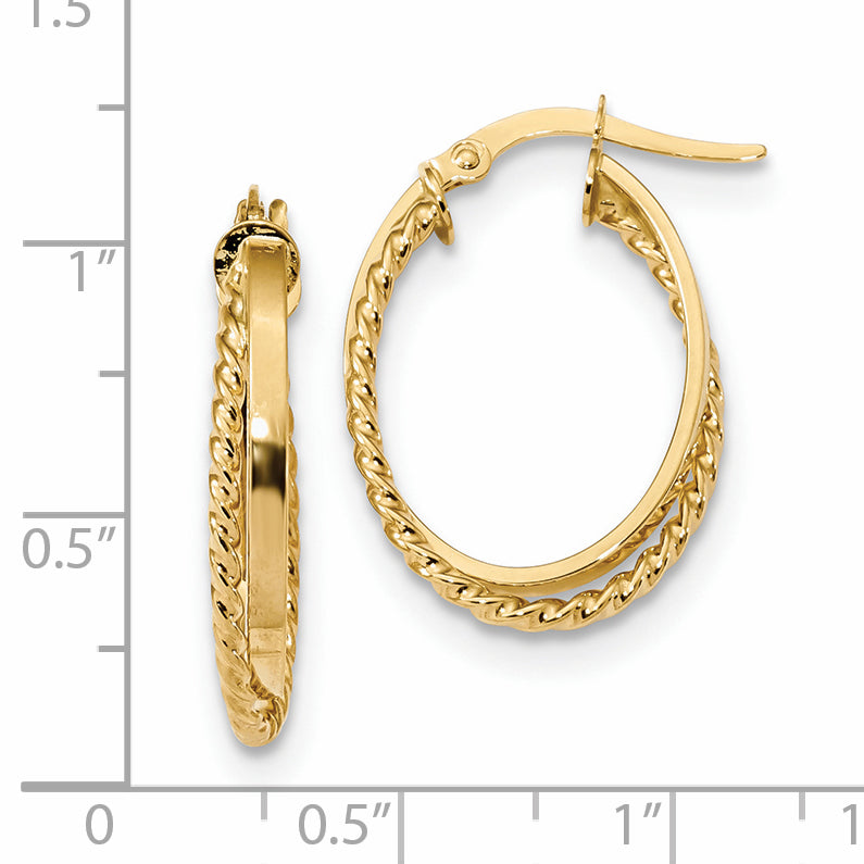 14K Polished & Textured Oval Hinged Hoop Earrings Secondary image