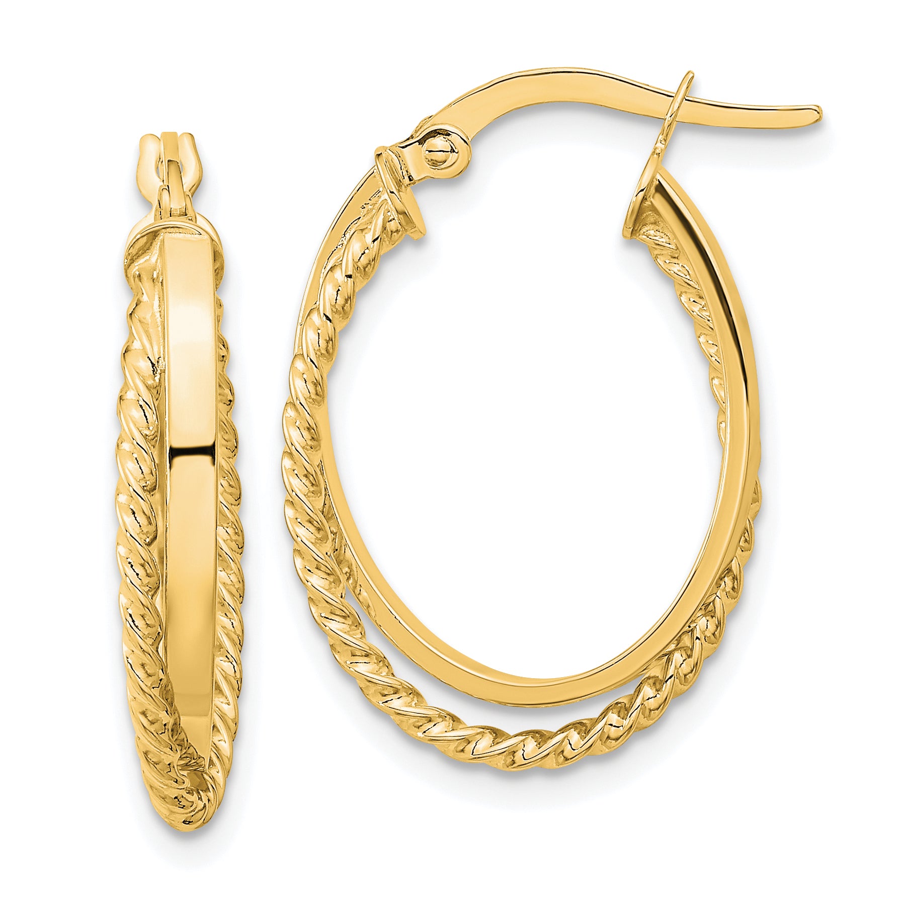 14K Polished & Textured Oval Hinged Hoop Earrings Main image