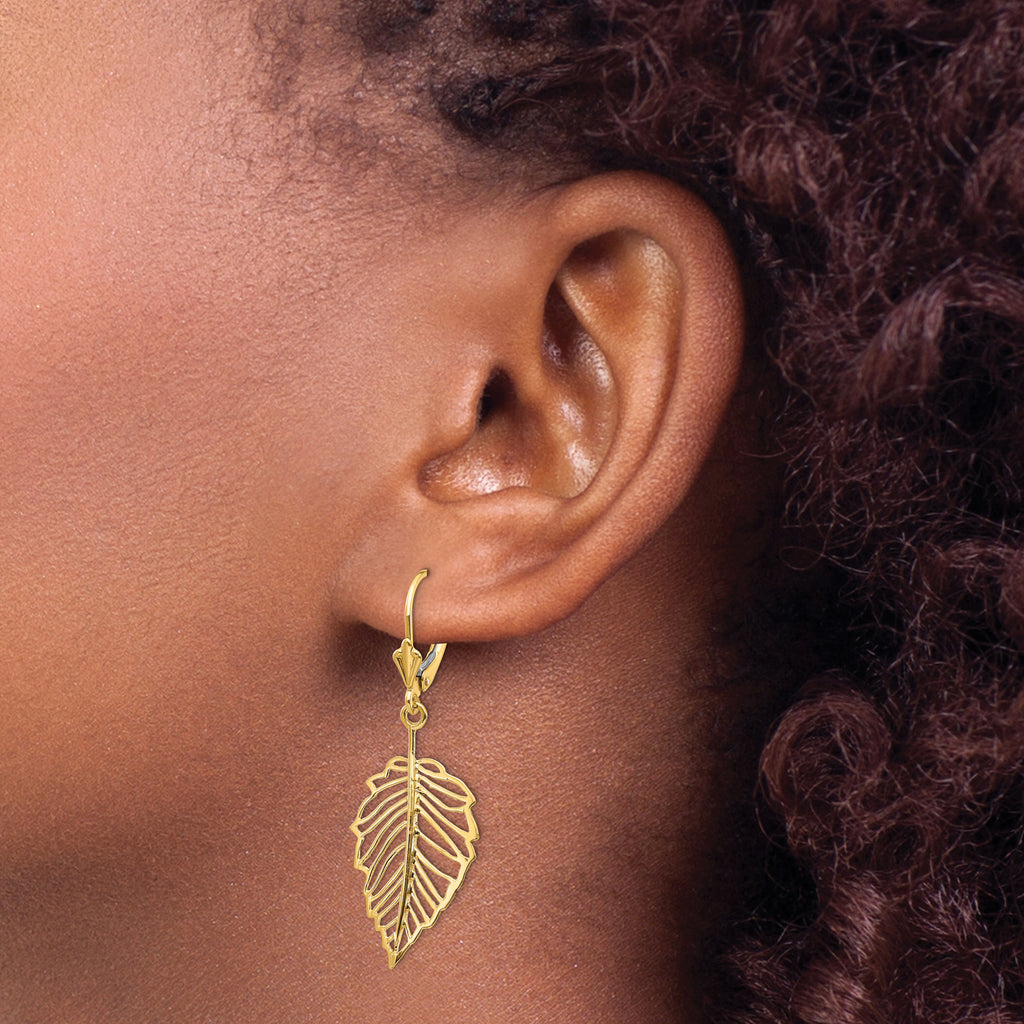 14K Polished Cut-out Leaf Dangle Leverback Earrings