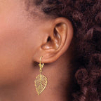 14K Polished Cut-out Leaf Dangle Leverback Earrings
