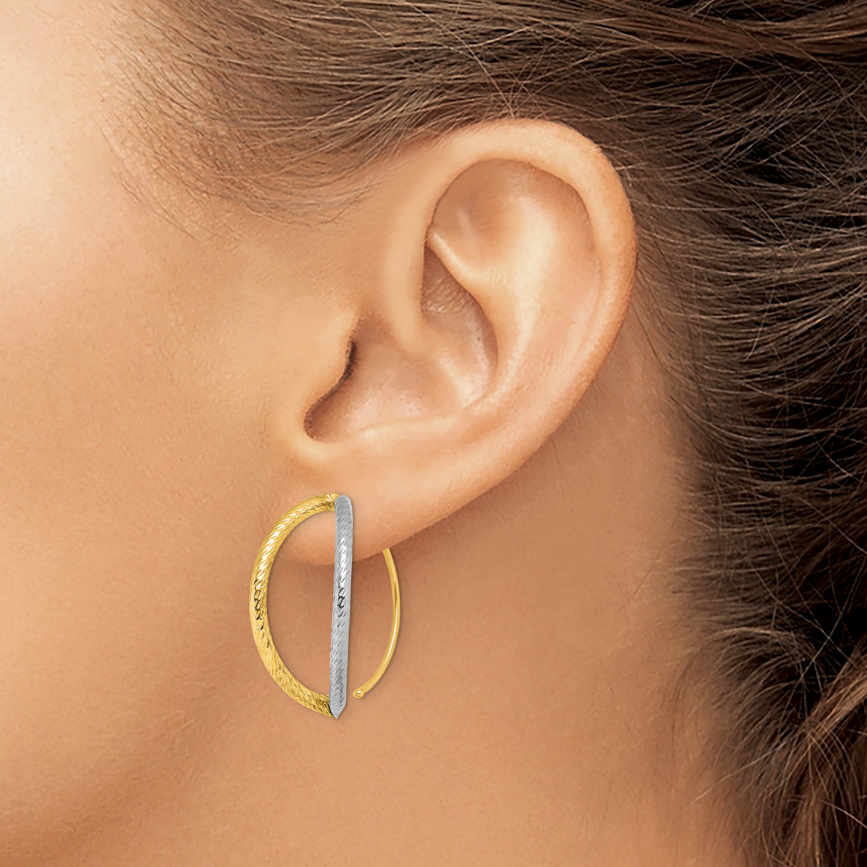 14K w/Rhodium Diamond-Cut Dangle Threader Earrings