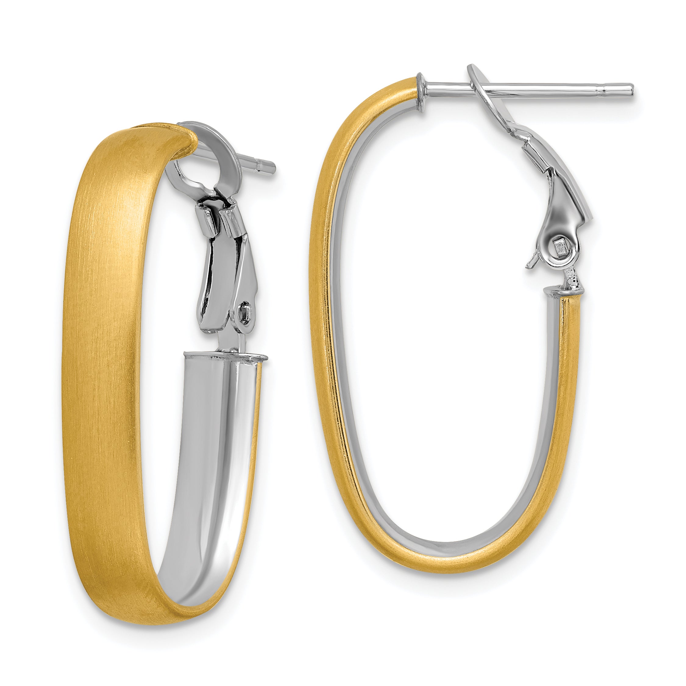 14K with White Rhodium Polished and Satin Oval Omega Back Hoop Earrings Main image