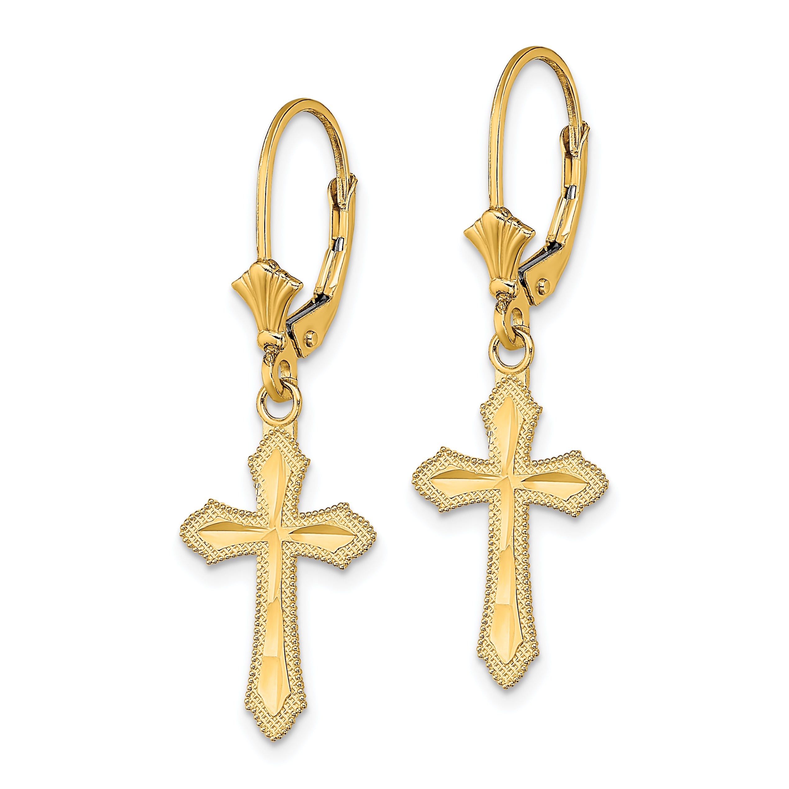 14K D/C Cross w/ Beaded Edge Leverback Earrings Secondary image