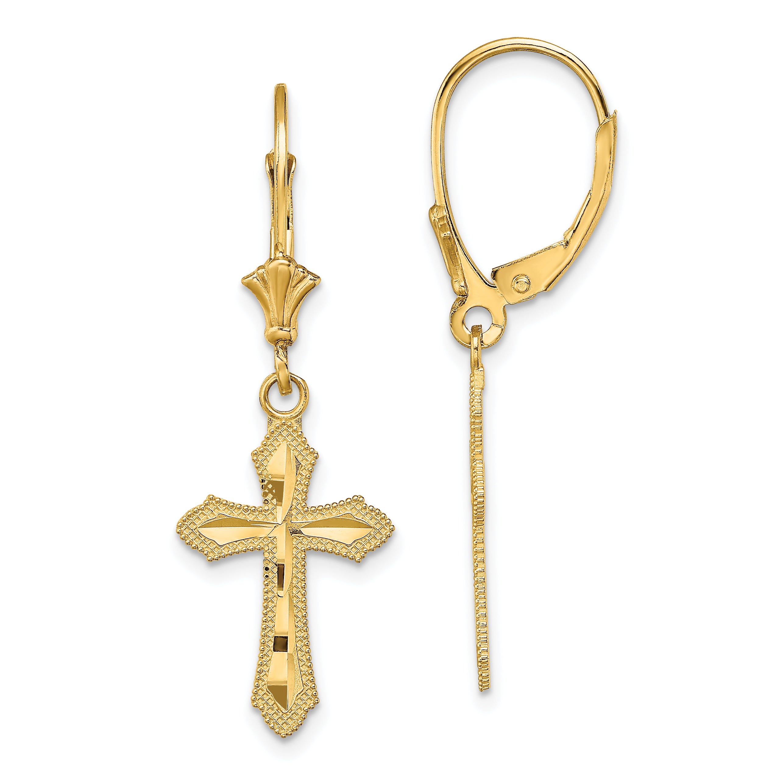 14K D/C Cross w/ Beaded Edge Leverback Earrings Main image