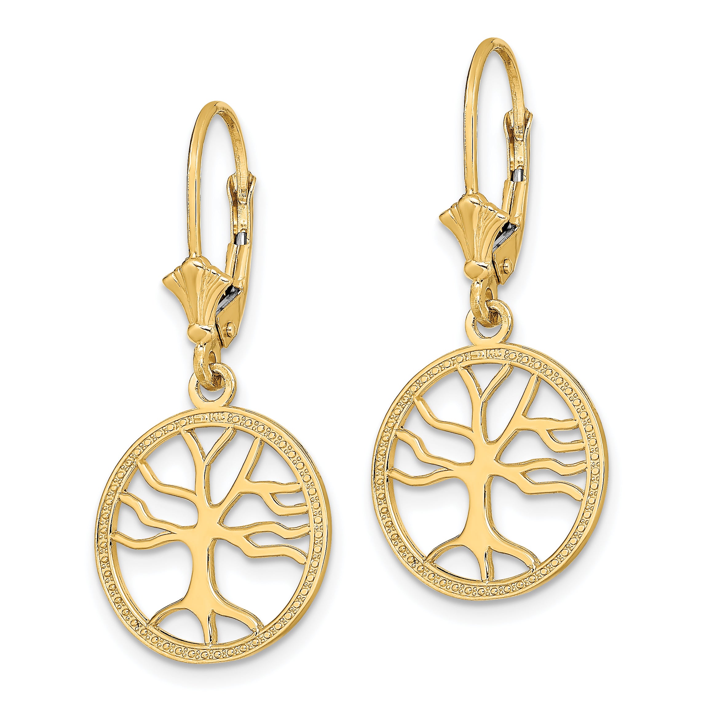 14K Tree of Life In Round Frame Leverback Earrings