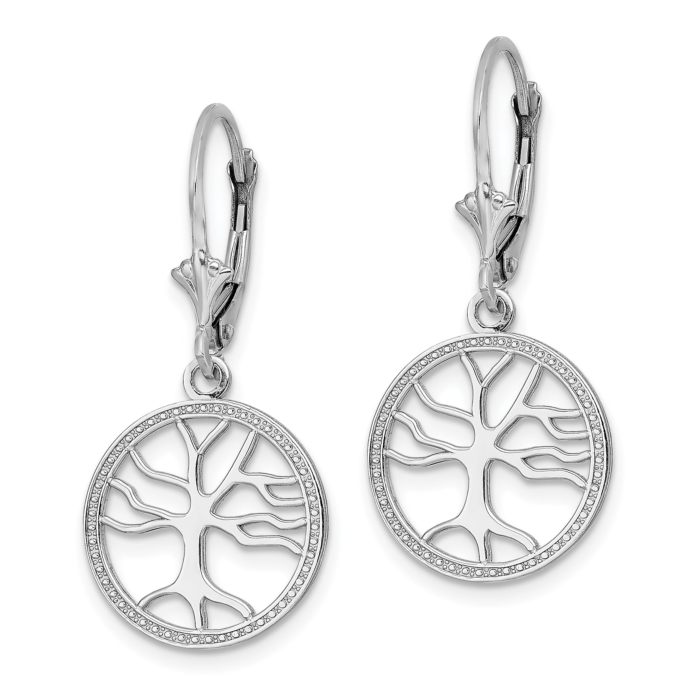 14K White Gold Tree of Life In Round Frame Leverback Earrings Secondary image