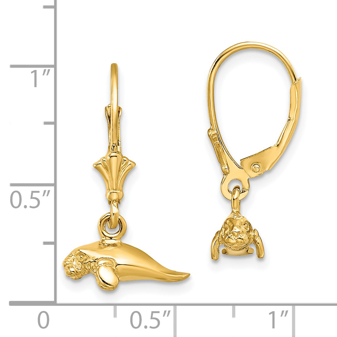 14K 3-D Polished Mini Manatee Leverback Earrings
