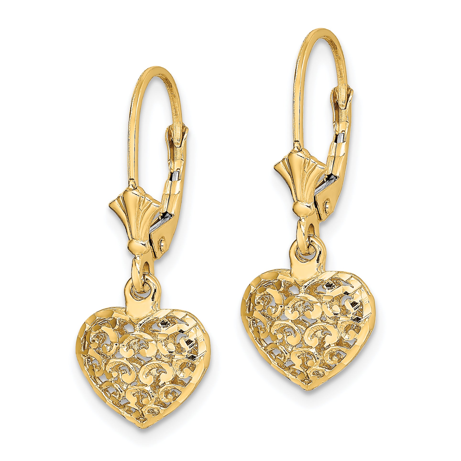 14k Diamond-cut Mini Puffed Heart Leverback Earrings Secondary image