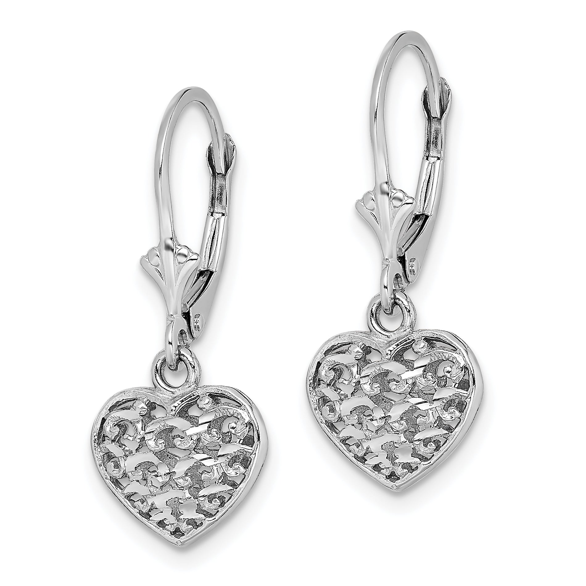 14K White Gold 3-D Mini D/C Puffed Heart Leverback Earrings Secondary image