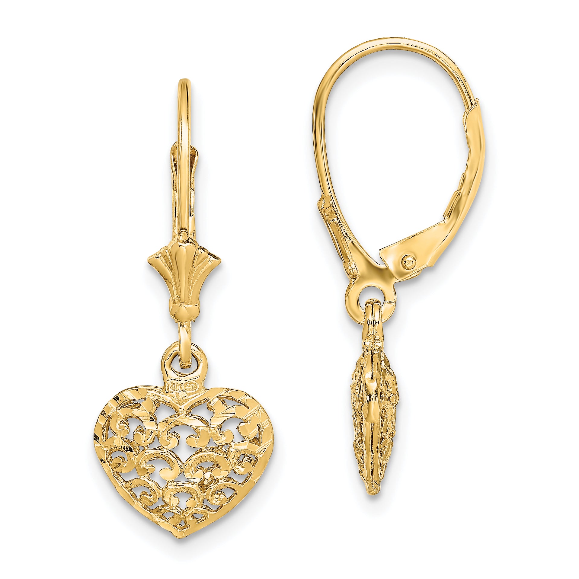 14k Diamond-cut Mini Puffed Heart Leverback Earrings Main image
