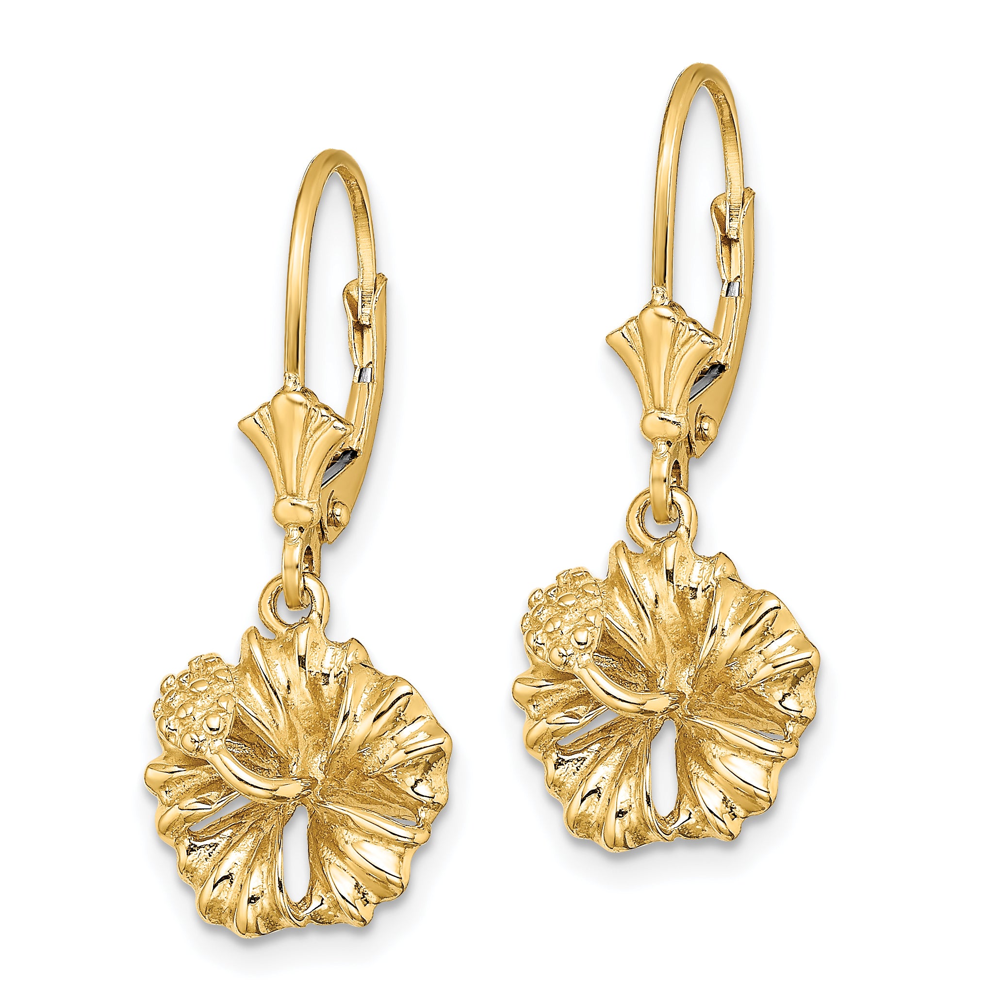 14K 2-D Textured Hibiscus Flower Leverback Earrings Secondary image