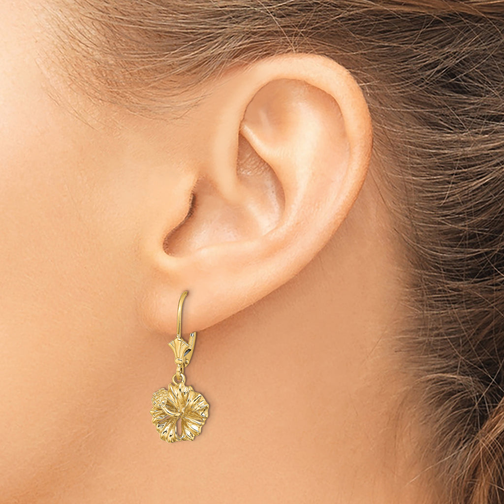 14K 2-D Textured Hibiscus Flower Leverback Earrings