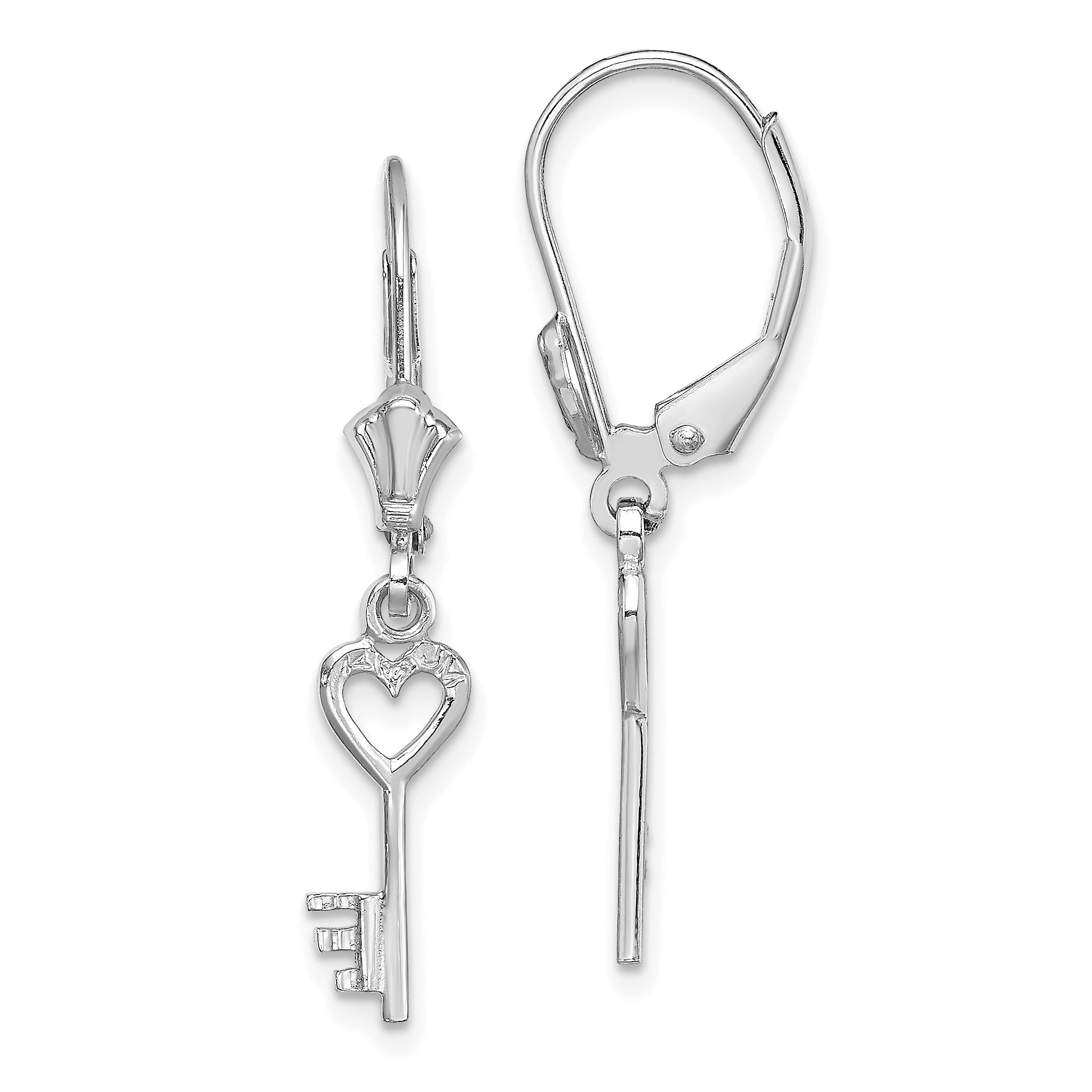 14K White Gold Polished Heart Key Leverback Earrings Main image