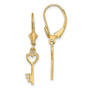 Heart Key Leverback Earrings in 14K Yellow Gold - Sophia Jewelers