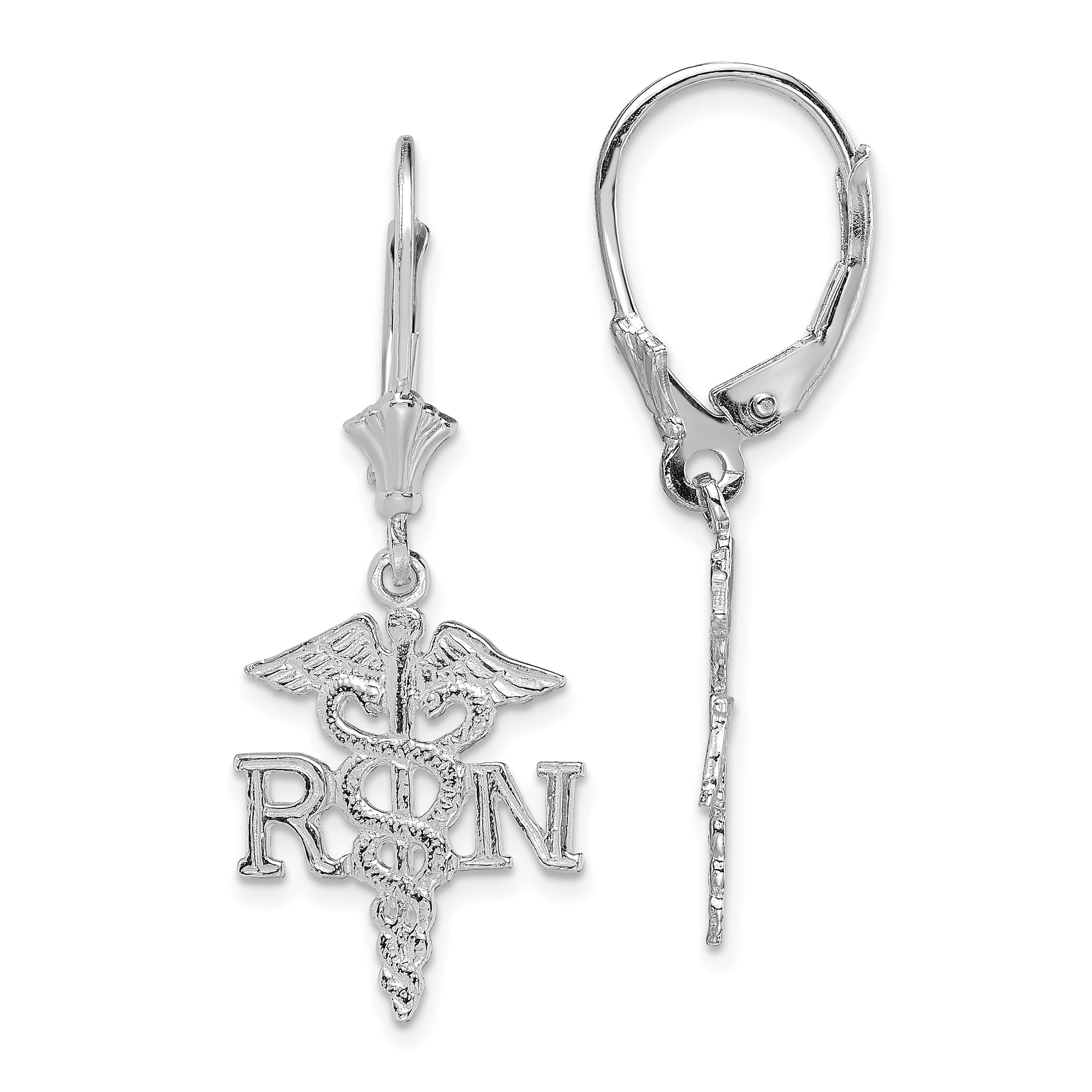 14K White Gold RN Caduceus Leverback Earrings Main image