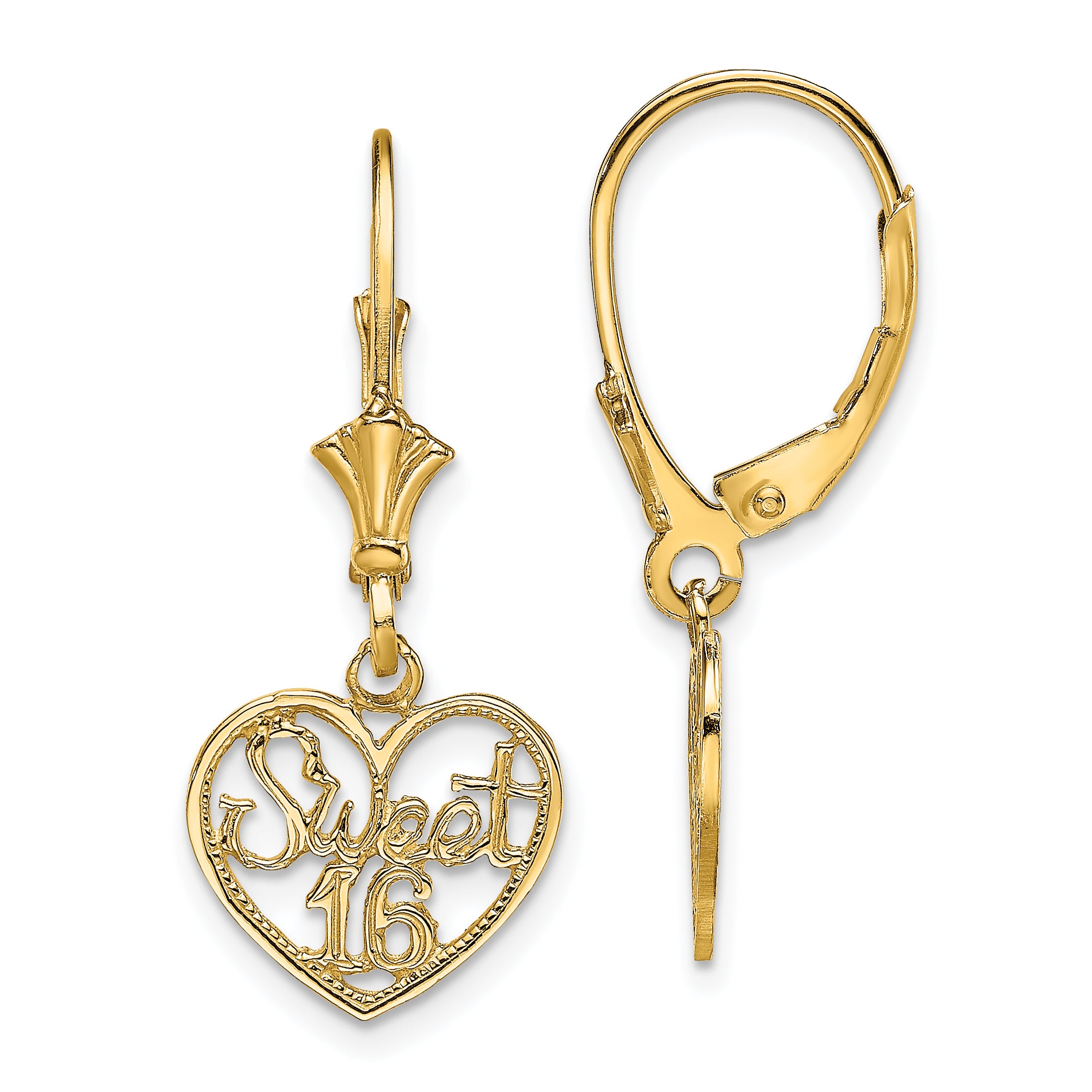 14K Polished SWEET 16 in Heart Dangle Leverback Earrings Main image