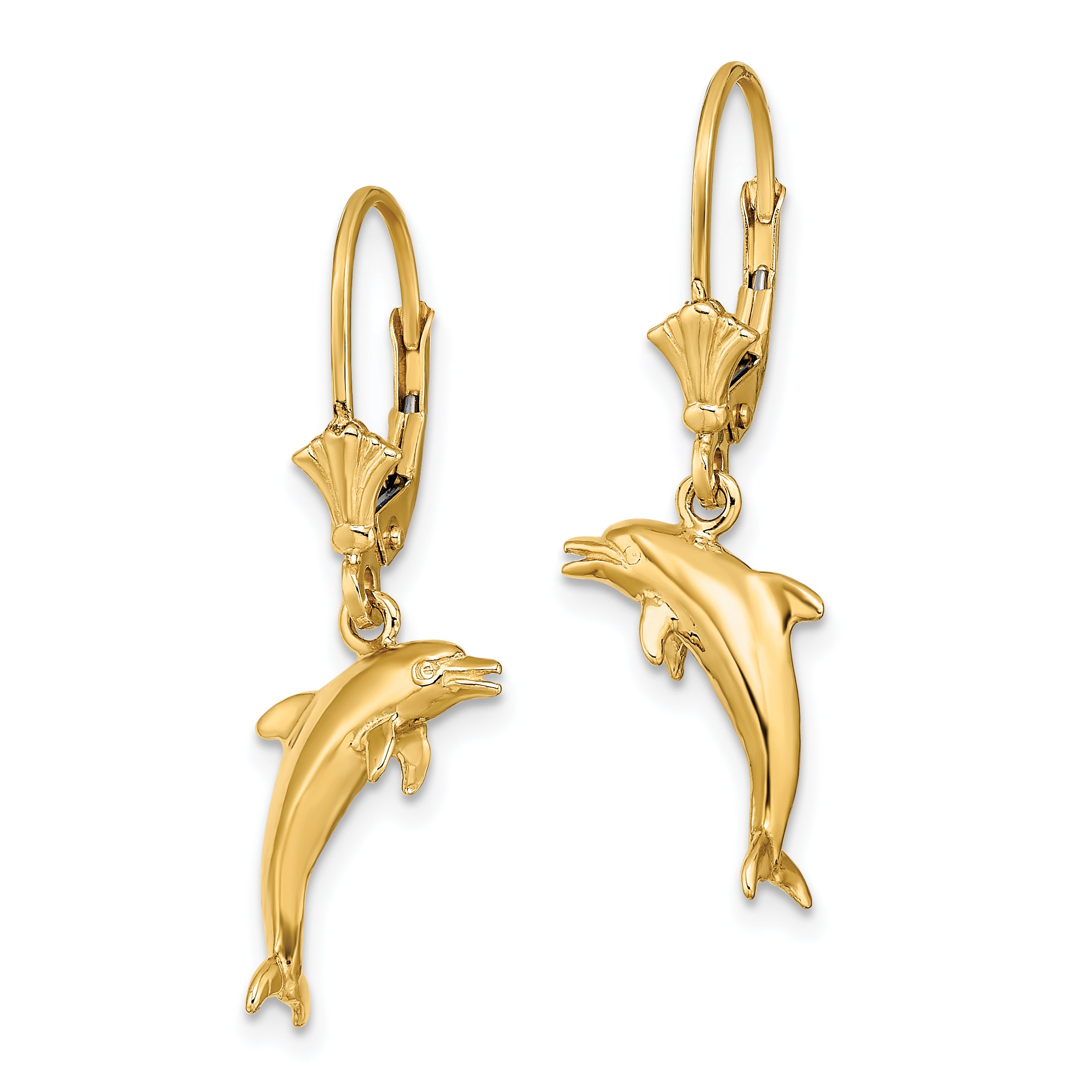 14K 3-D Mini Dolphin Jumping Leverback Earrings