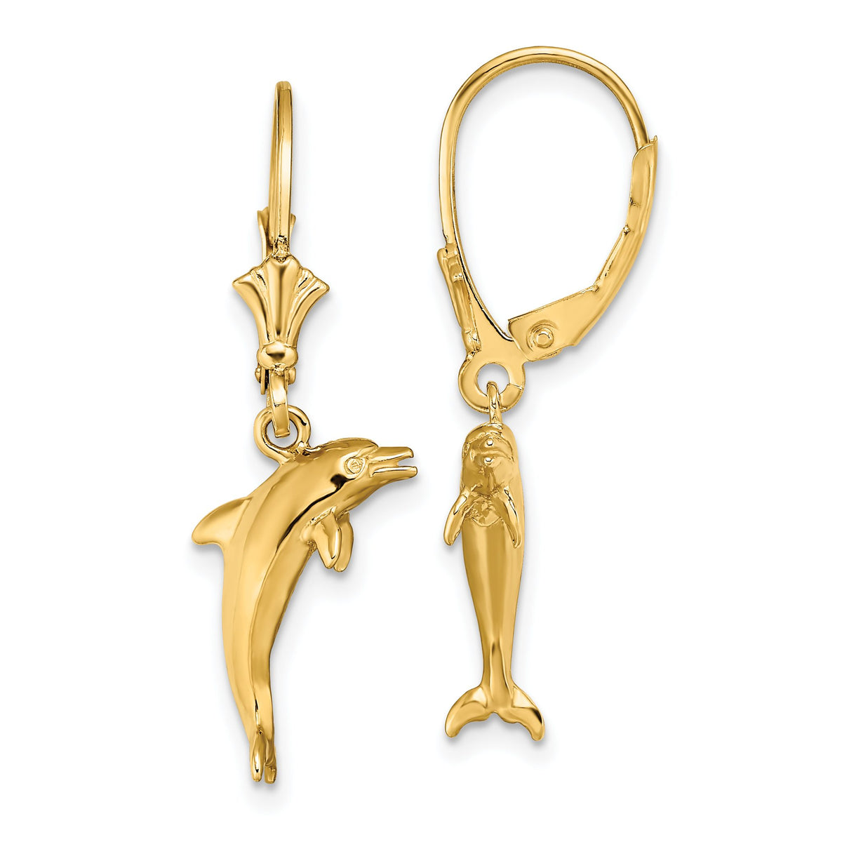 Dolphin Jumping Dangle Leverback Earrings in 14K Yellow Gold - Sophia Jewelers Main image
