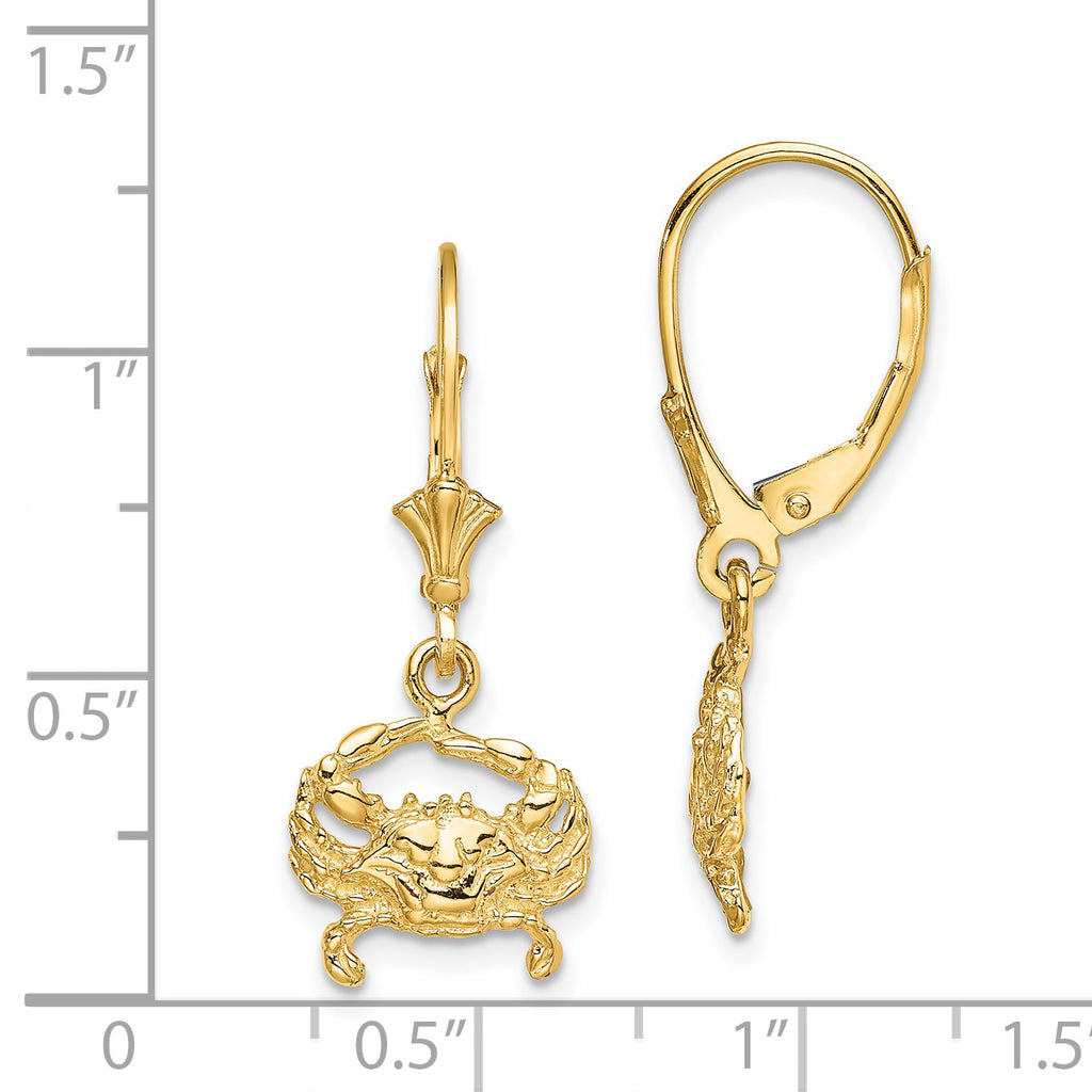 14K 2-D Blue Crab Dangle Leverback Earrings