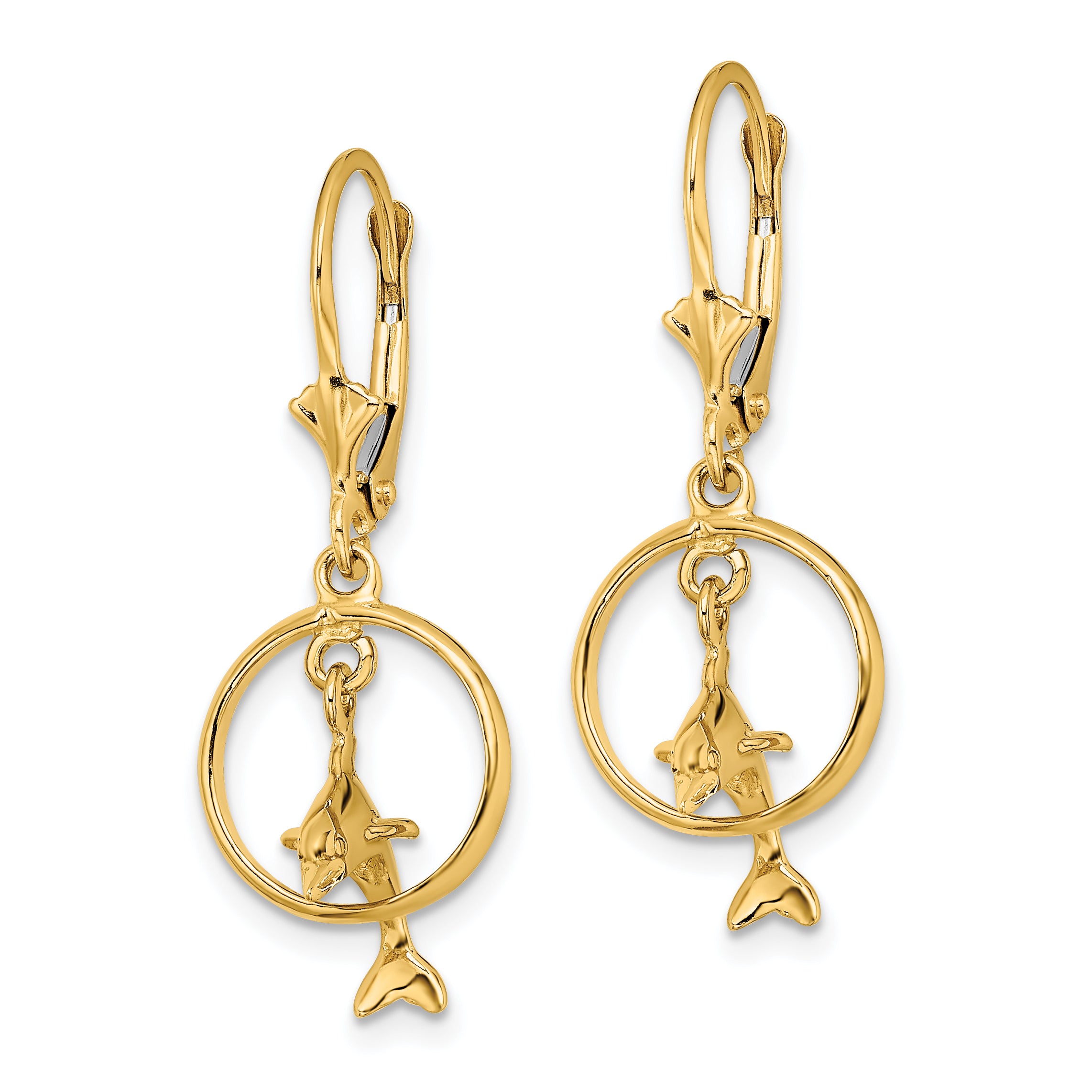 14K 3-D Dolphin Jumping Through Hoop Leverback Earrings Secondary image