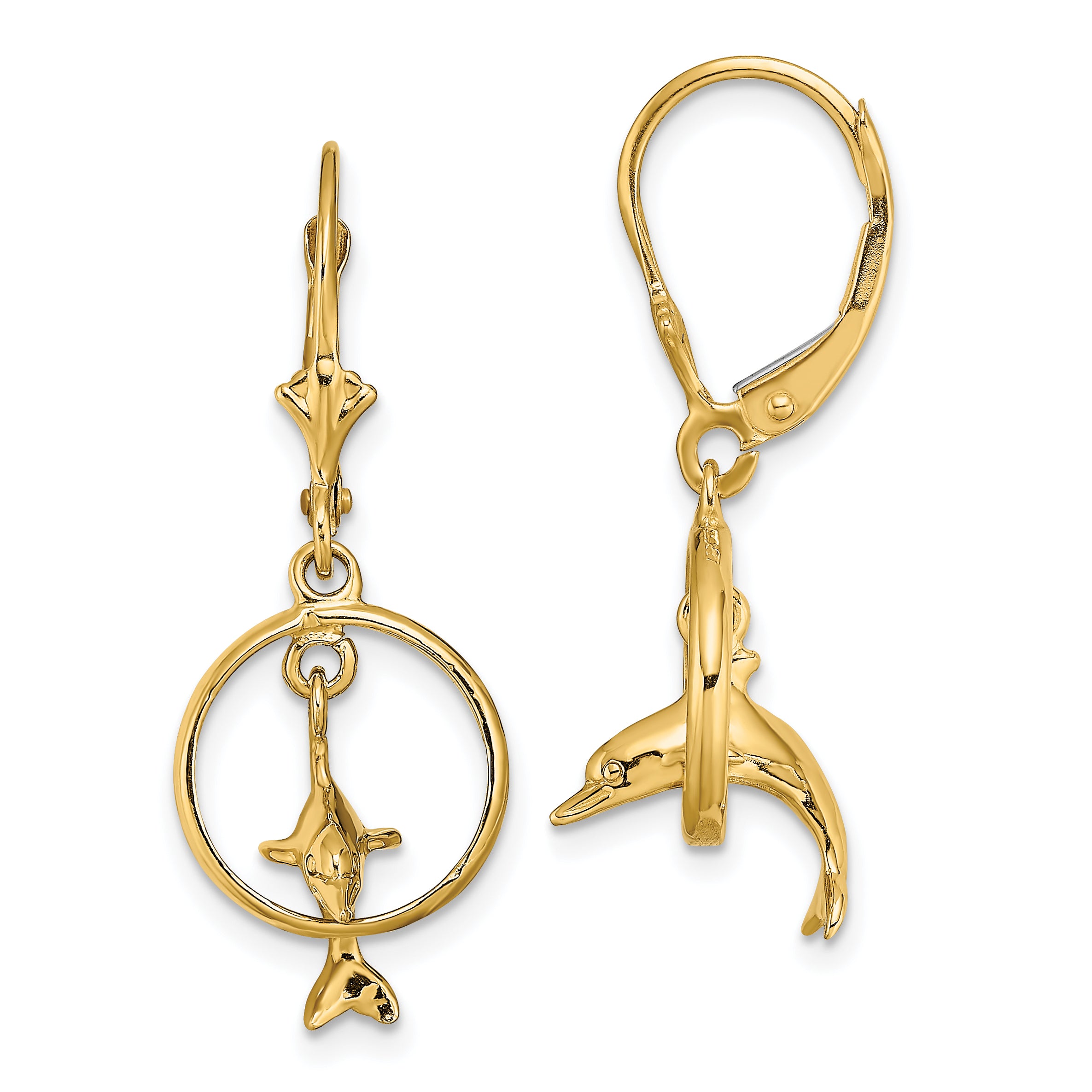 14K 3-D Dolphin Jumping Through Hoop Leverback Earrings Main image
