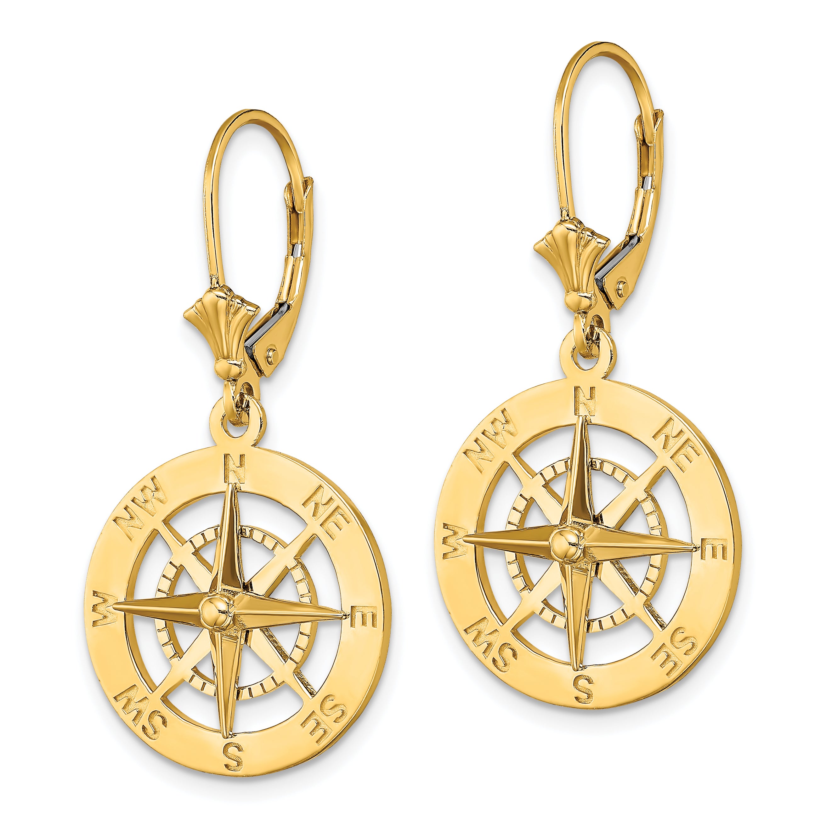 14K Nautical Compass Leverback Earrings Secondary image