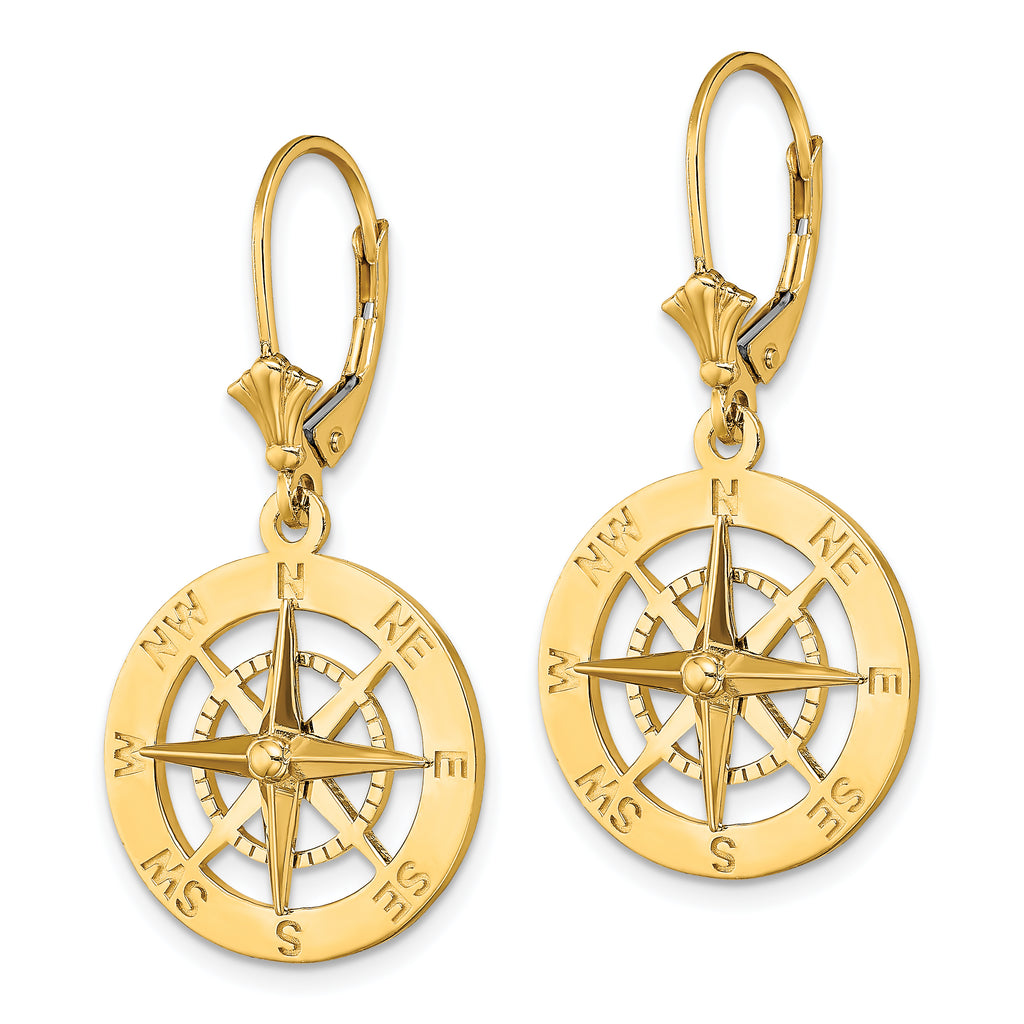 14K Nautical Compass Leverback Earrings