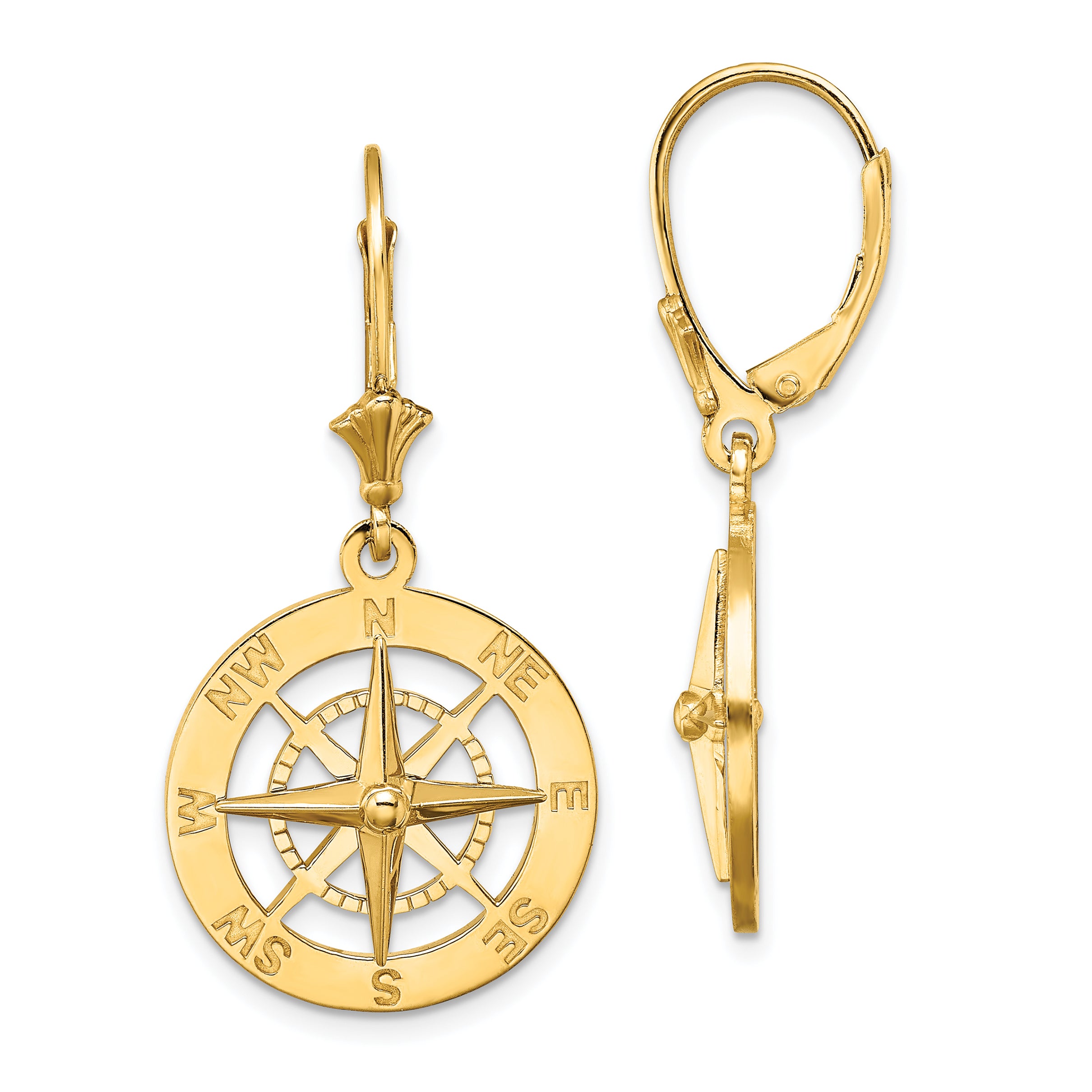 14K Nautical Compass Leverback Earrings Main image