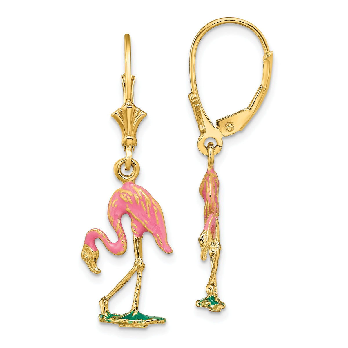 Enamel Flamingo Leverback Earrings in 14K Yellow Gold - Sophia Jewelers Main image