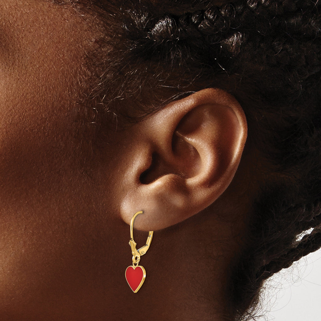 14K Polished Enameled Heart Dangle Leverback Earrings
