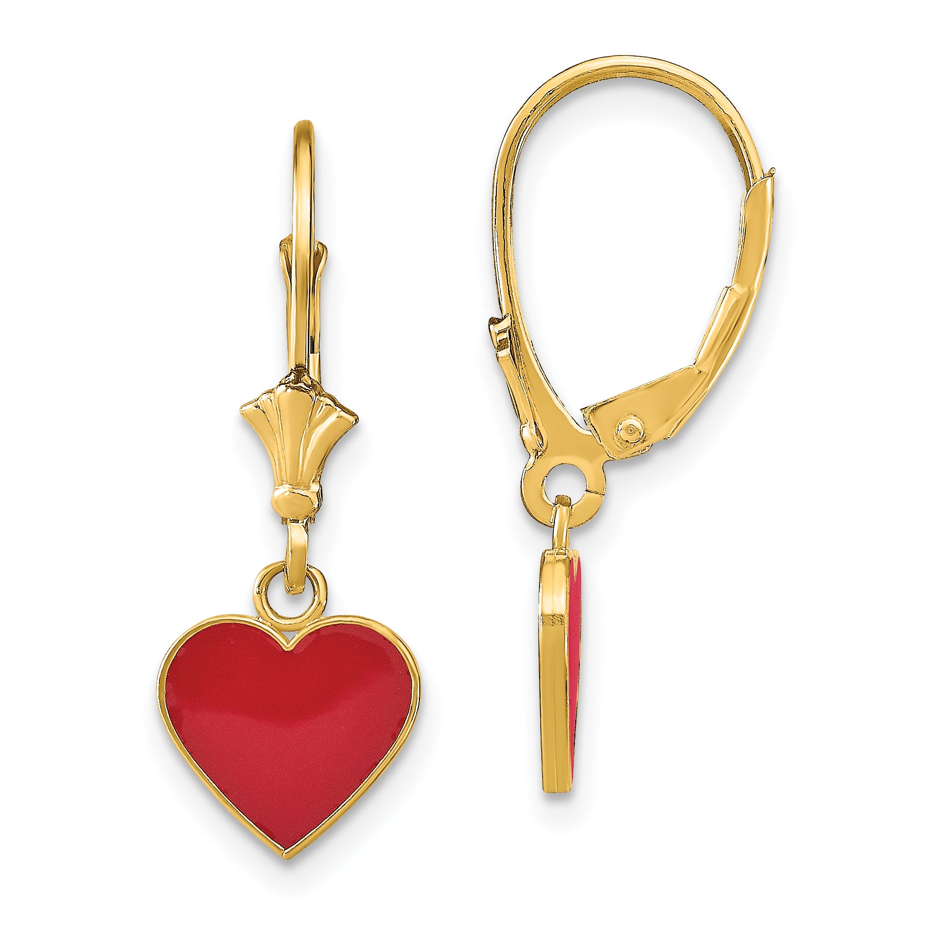 14K Polished Enameled Heart Dangle Leverback Earrings Main image