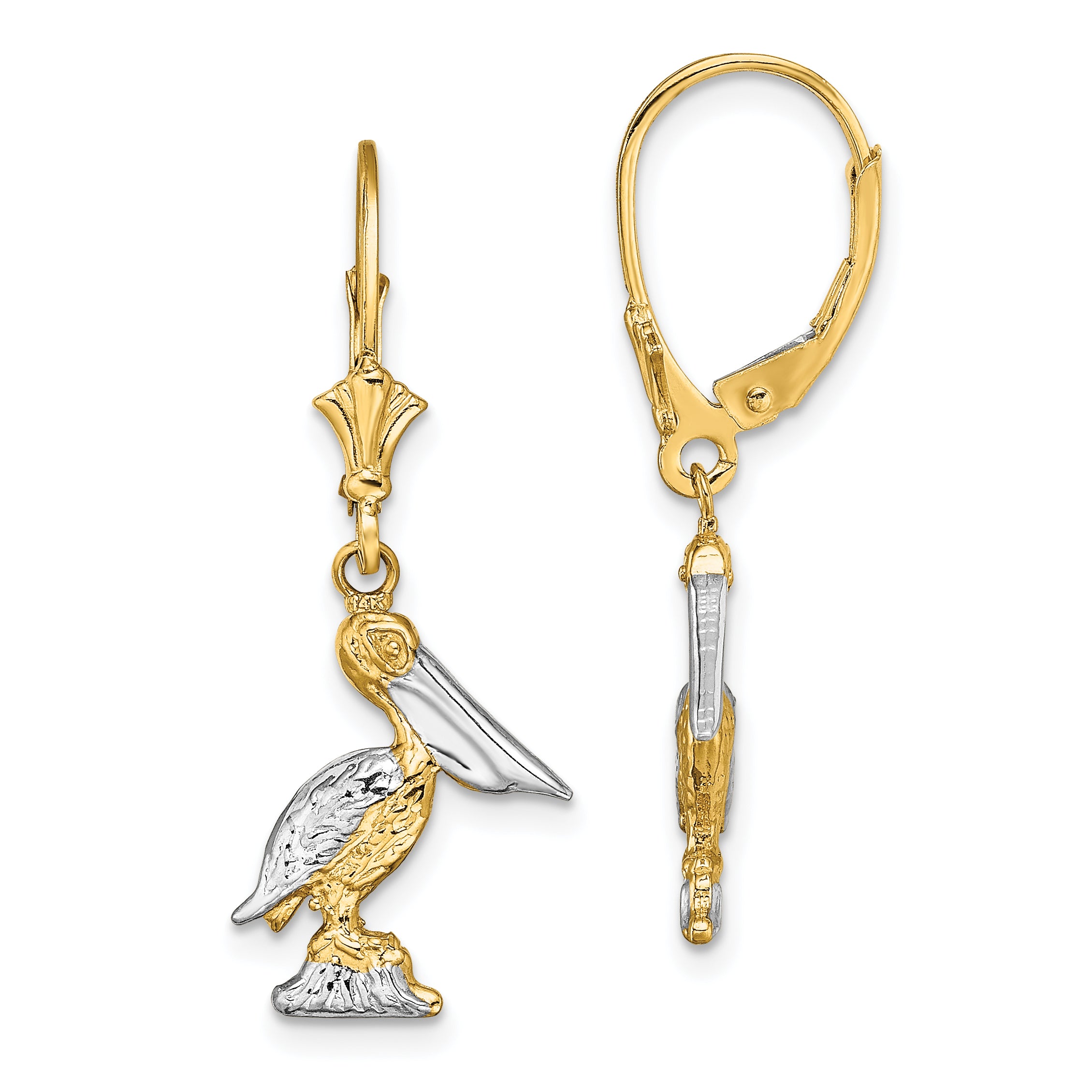 14K and Rhodium 3-D Pelican Standing W/ Leverback Earrings Main image