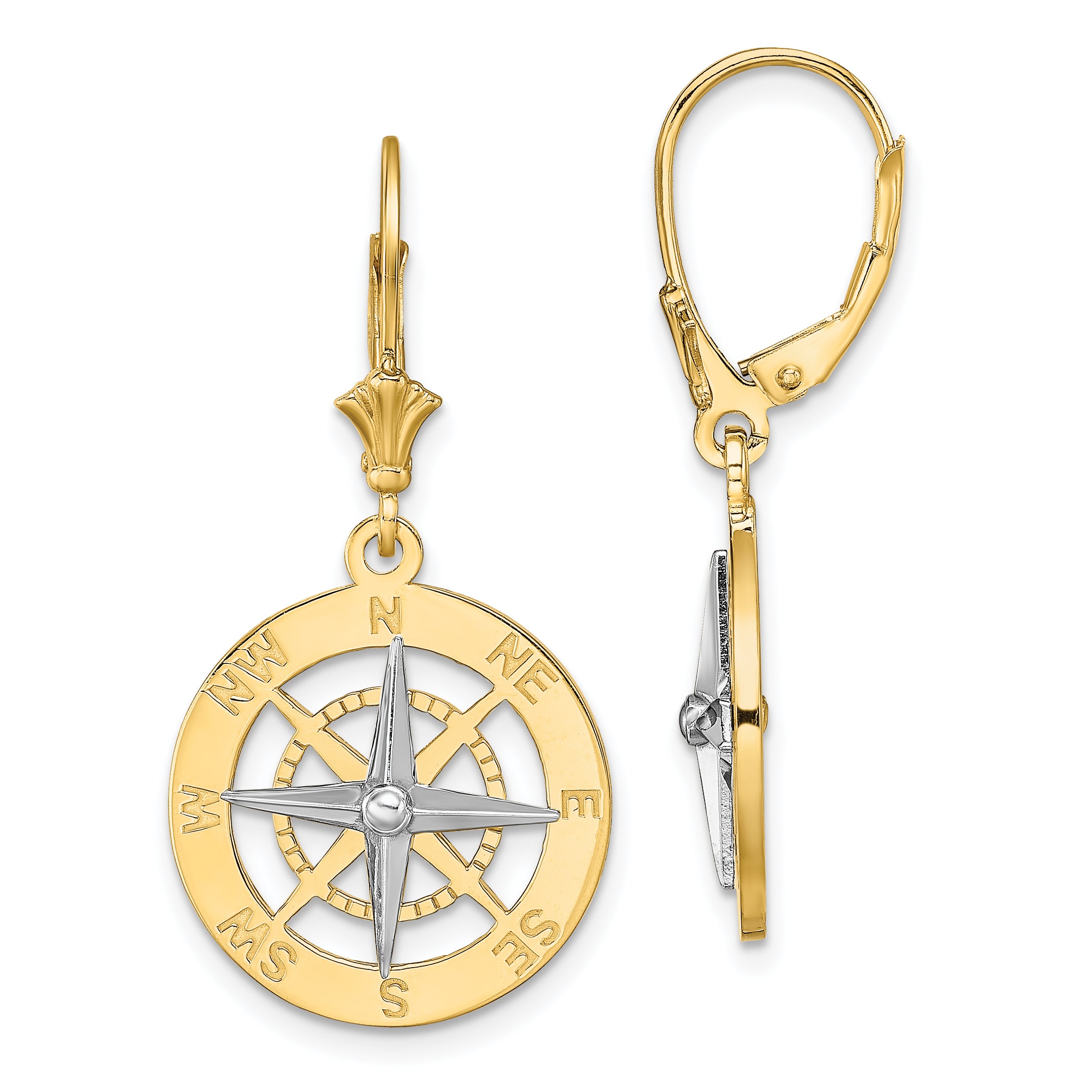 14K W/ Rhodium Nautical Compass Leverback Earrings Main image
