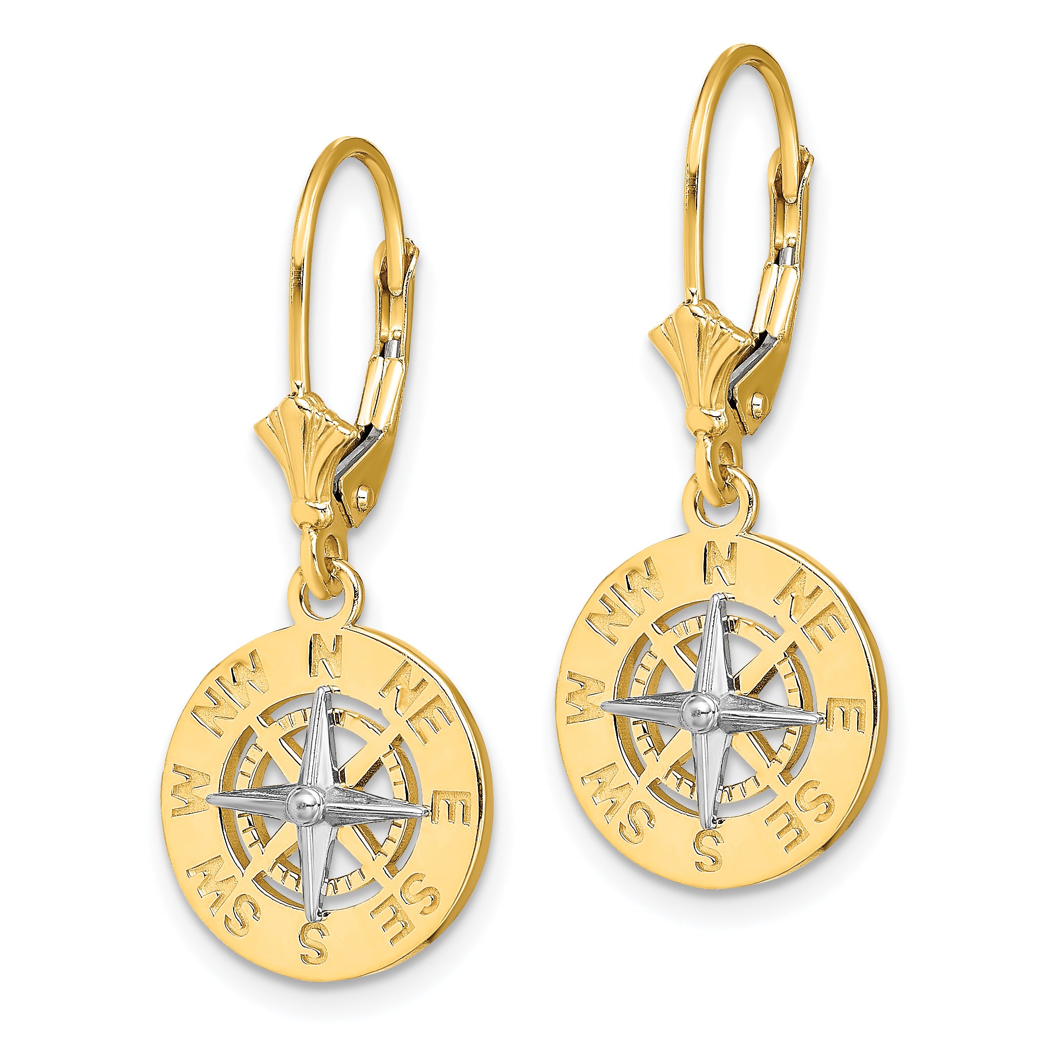 14K W/ Rhodium Mini Nautical Compass Leveback Earrings Secondary image