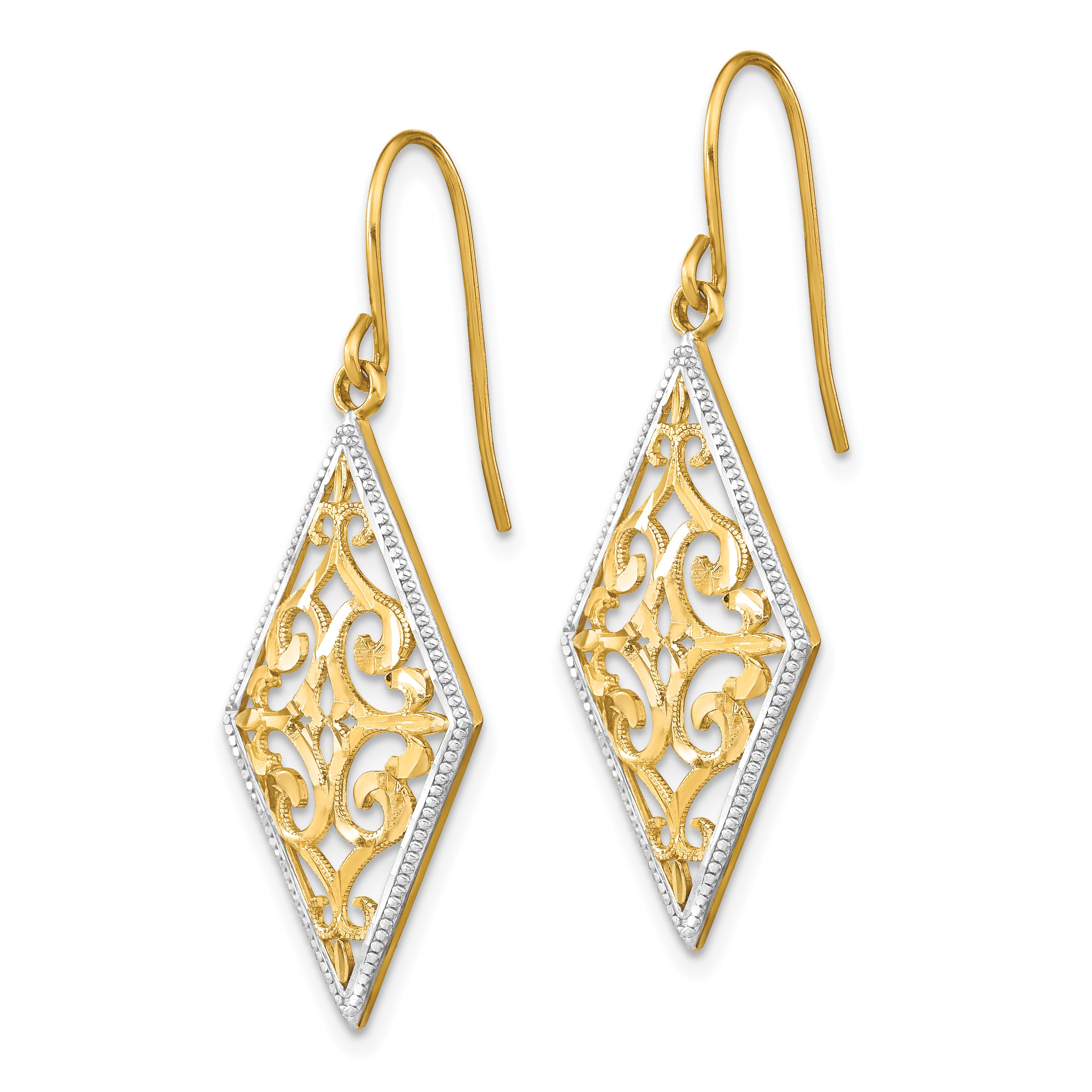 14K w/Rhodium Diamond Shape Filigree Dangle Earrings