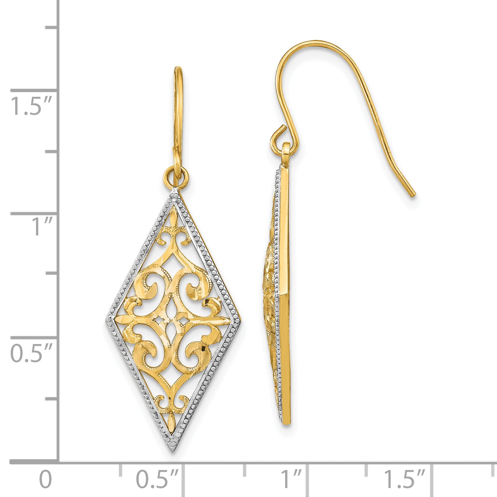14K w/Rhodium Diamond Shape Filigree Dangle Earrings