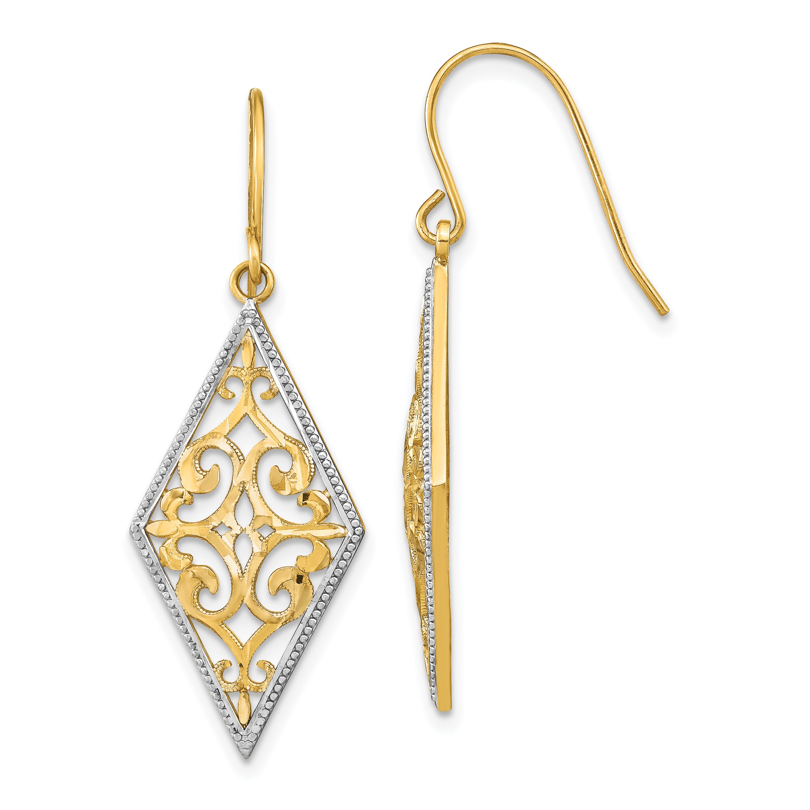 14K w/Rhodium Diamond Shape Filigree Dangle Earrings Main image