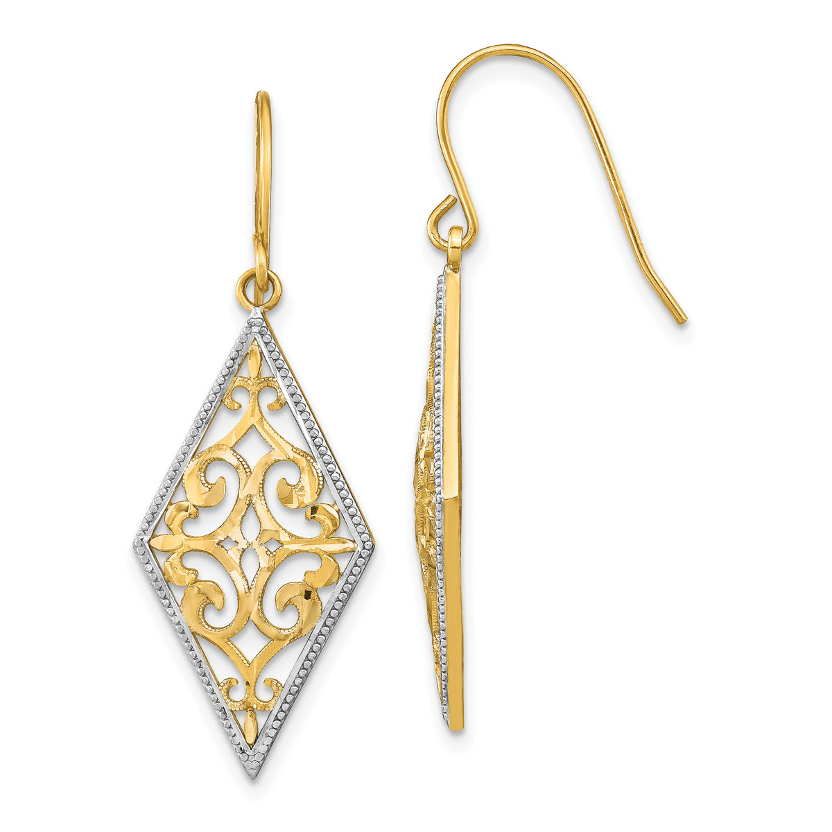 14K w/Rhodium Diamond Shape Filigree Dangle Earrings