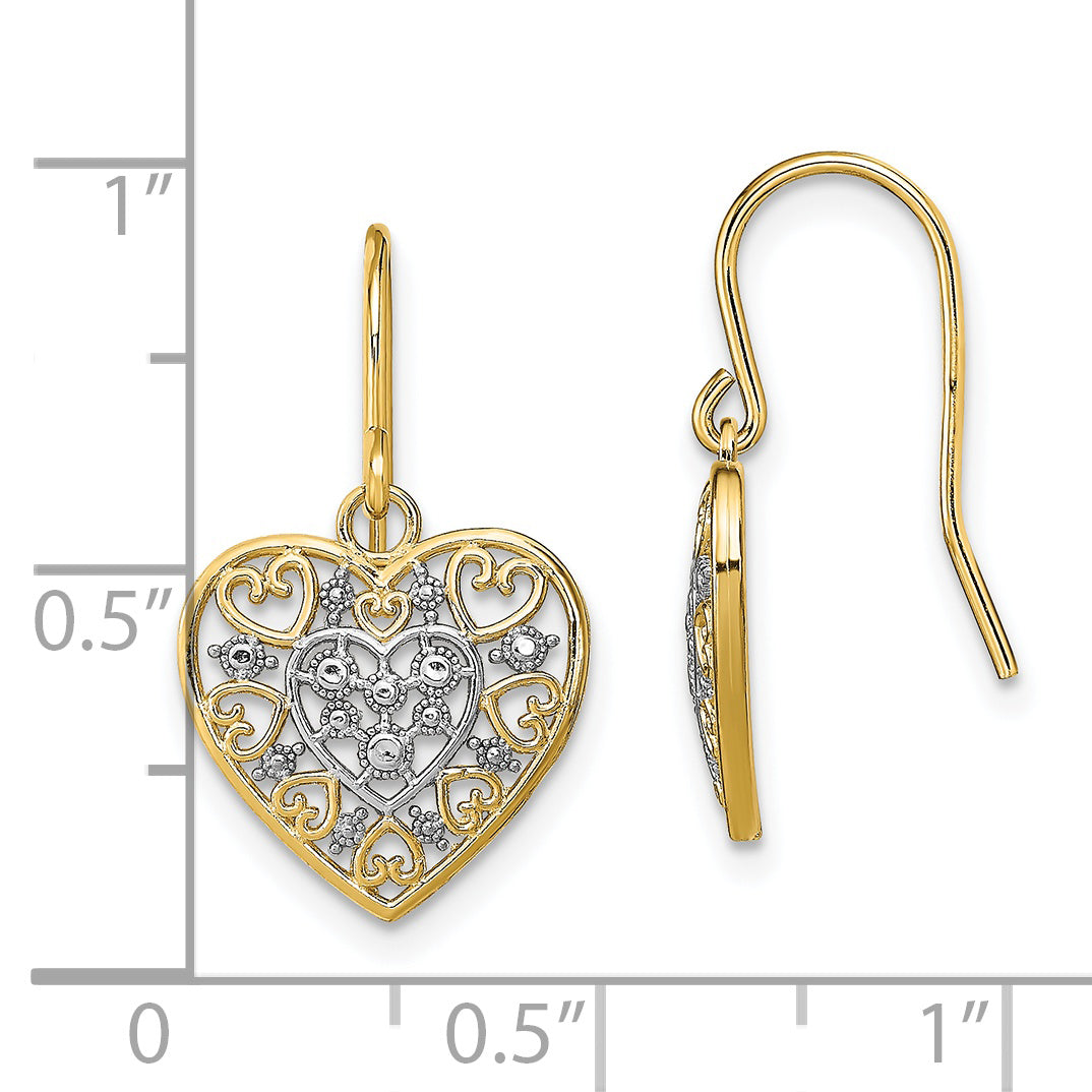 14K w/Rhodium Polished Filigree Hearts Shepherd Hook Earrings