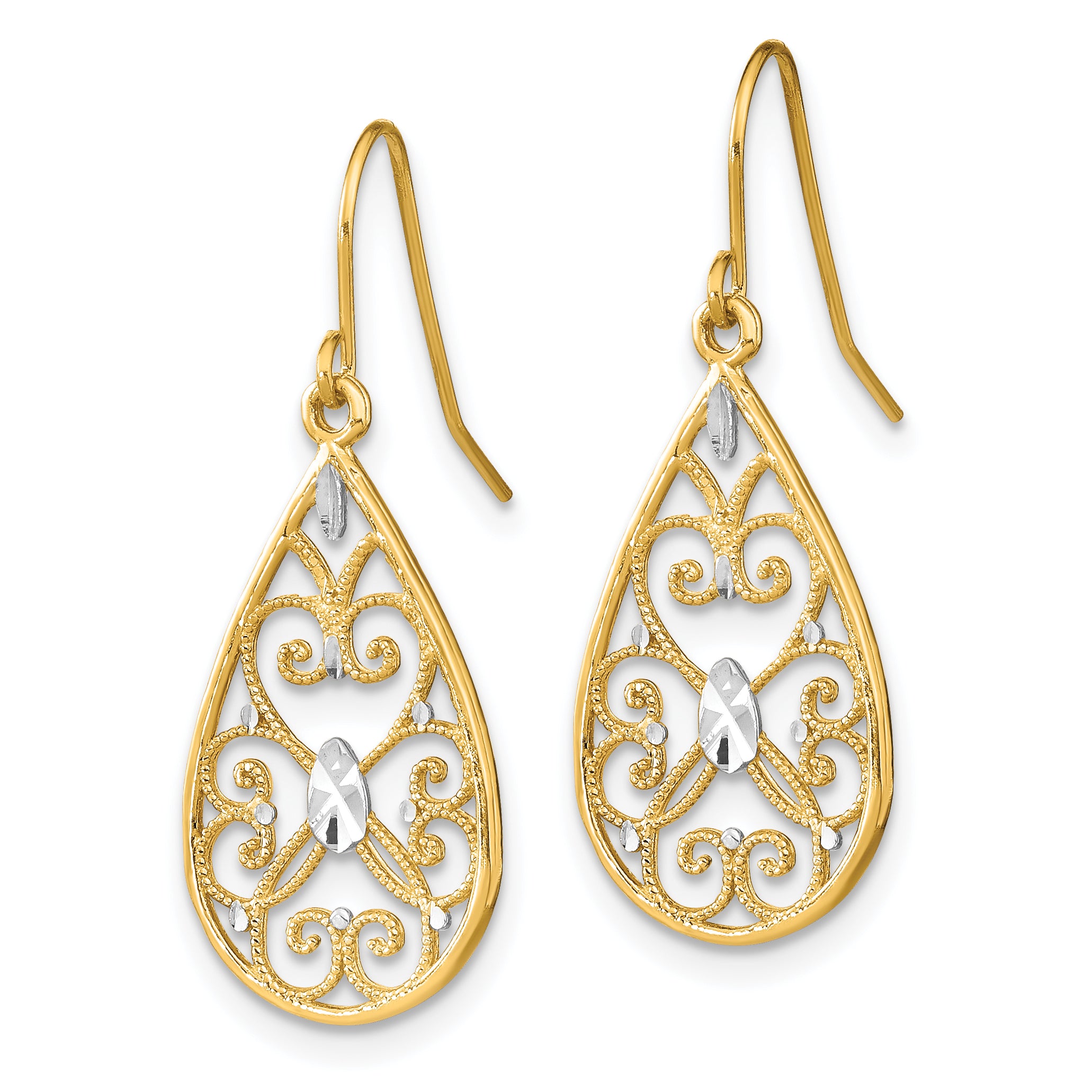 14K w/Rhodium D/C Fancy Dangle Wire Earrings
