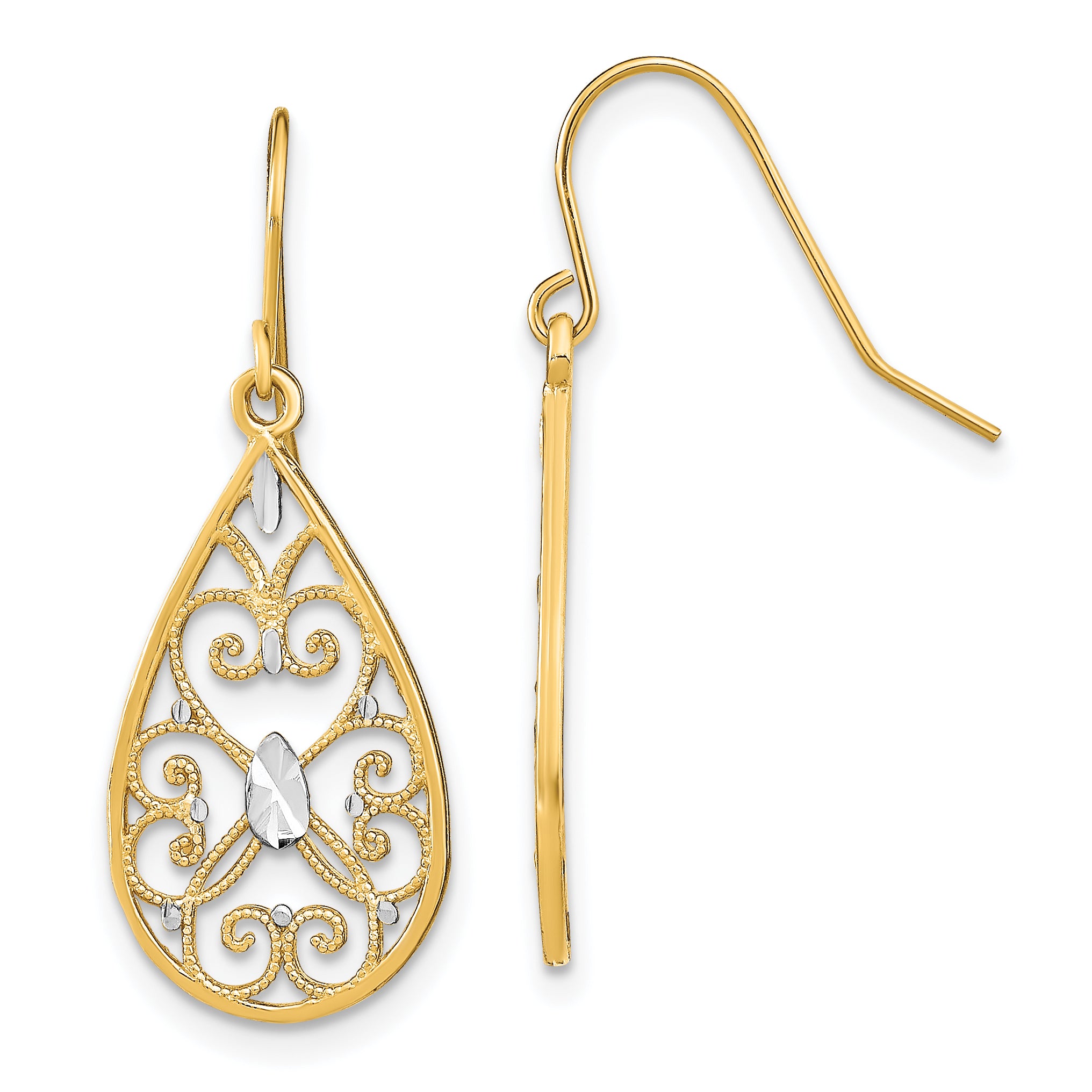 14K w/Rhodium D/C Fancy Dangle Wire Earrings
