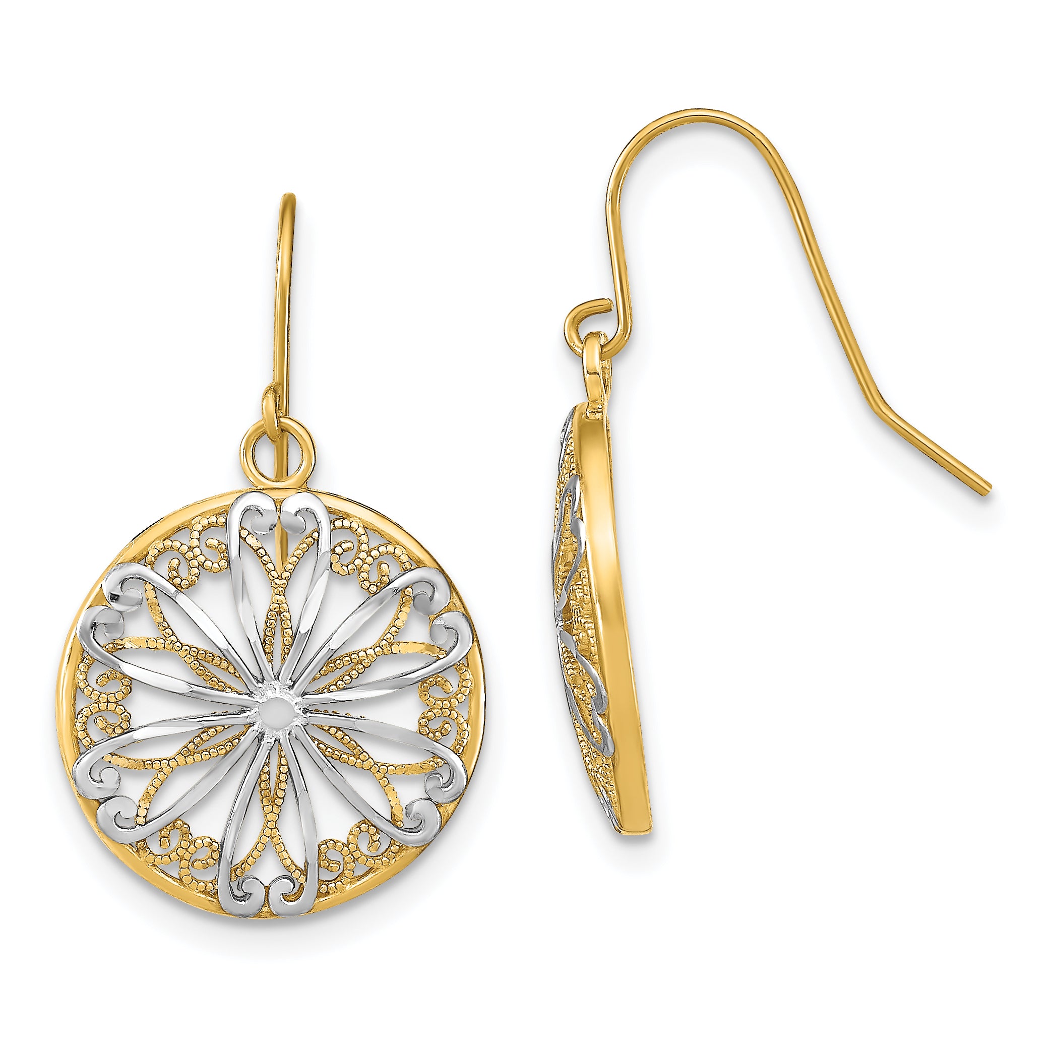 14K w/Rhodium Filigree Medallion Dangle Earrings Main image