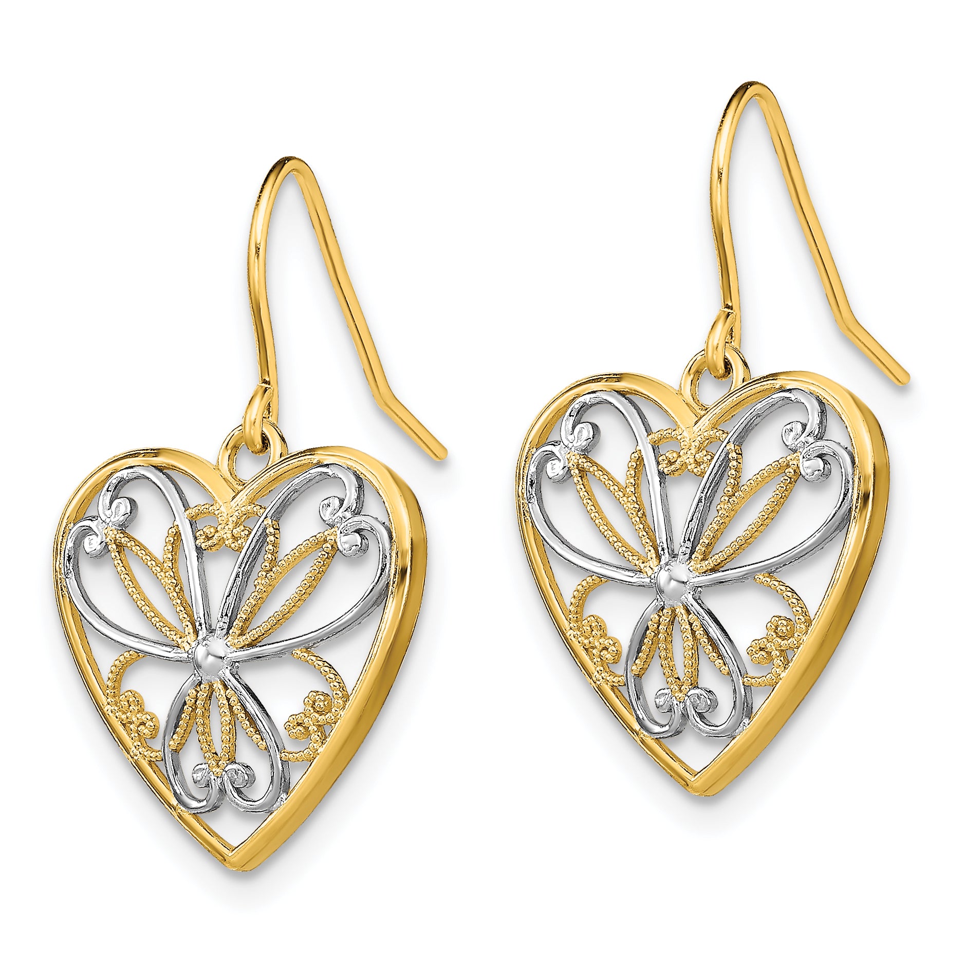 14K w/Rhodium Polished Filigree Heart Shepherd Hook Earrings Secondary image