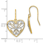 14K w/Rhodium Polished Filigree Heart Shepherd Hook Earrings