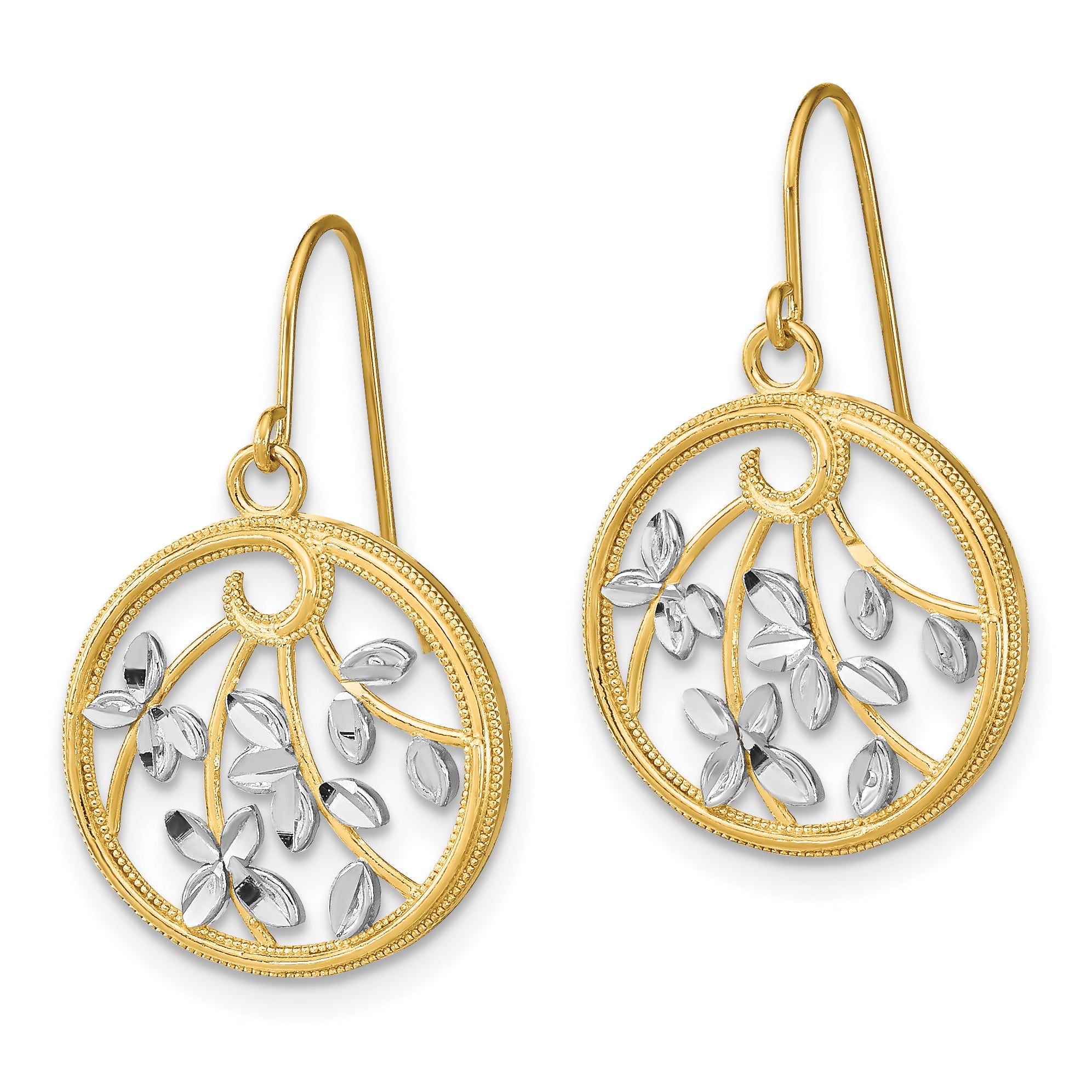 14K w/Rhodium D/C Leaves Round Dangle Earrings Secondary image