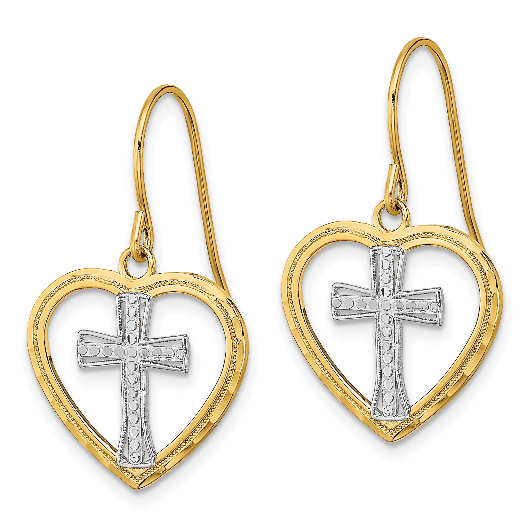 14K w/Rhodium Cross In Center Heart Earrings Secondary image