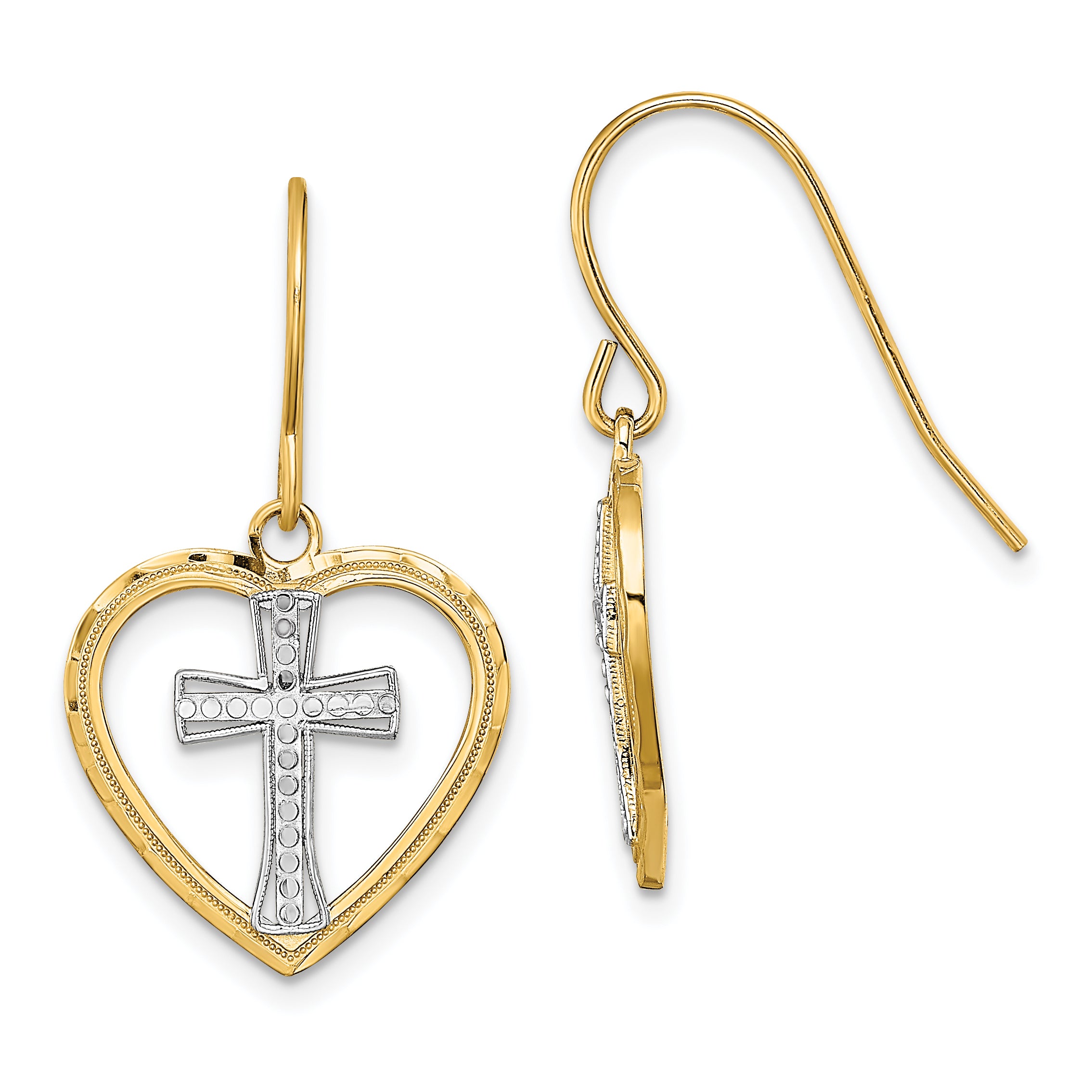14K w/Rhodium Cross In Center Heart Earrings Main image